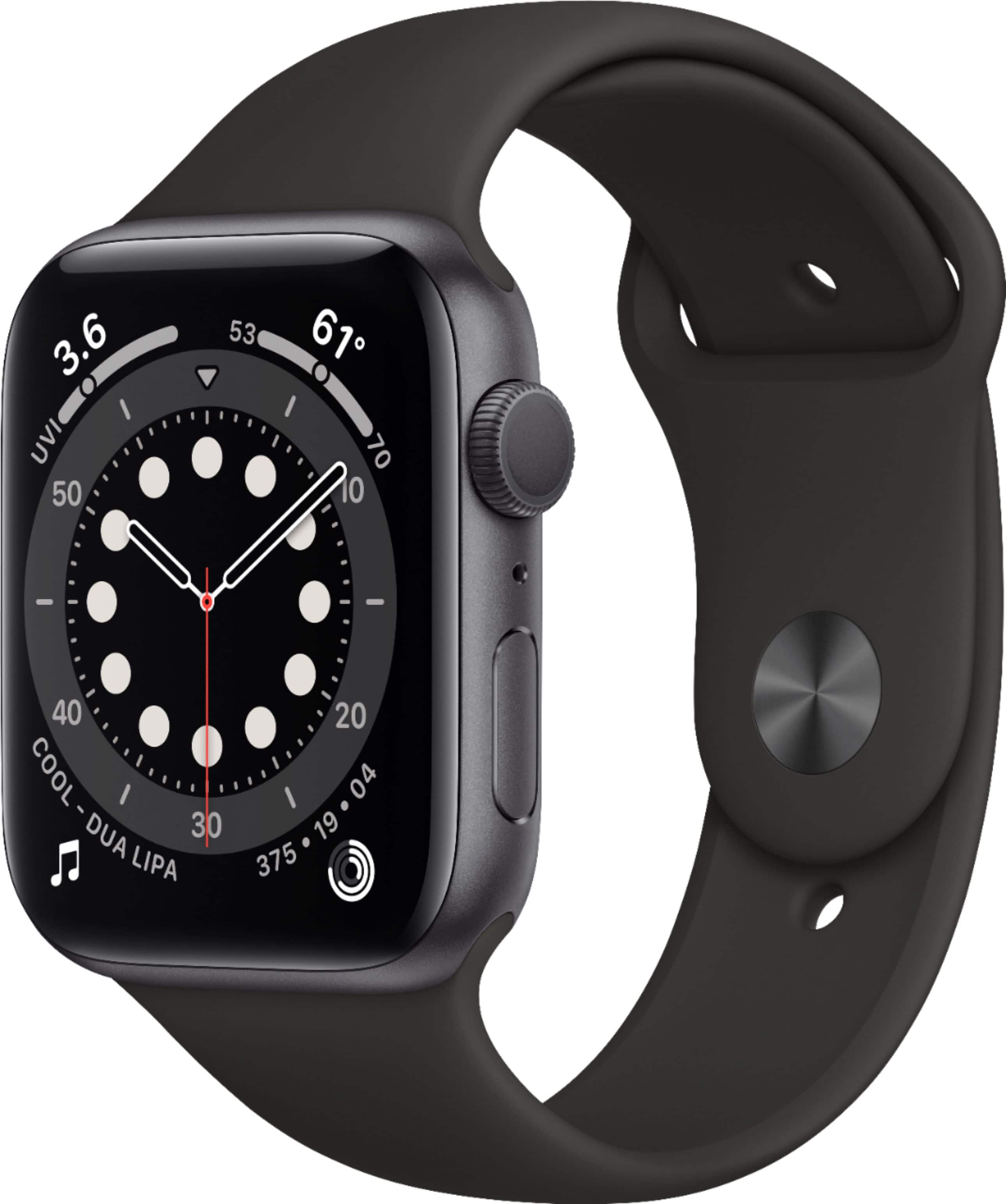 Apple Geek Squad Certified Refurbished Watch Series 6 (GPS) 44mm Aluminum Case with Black Sport Band - Space Gray - (2020) p…