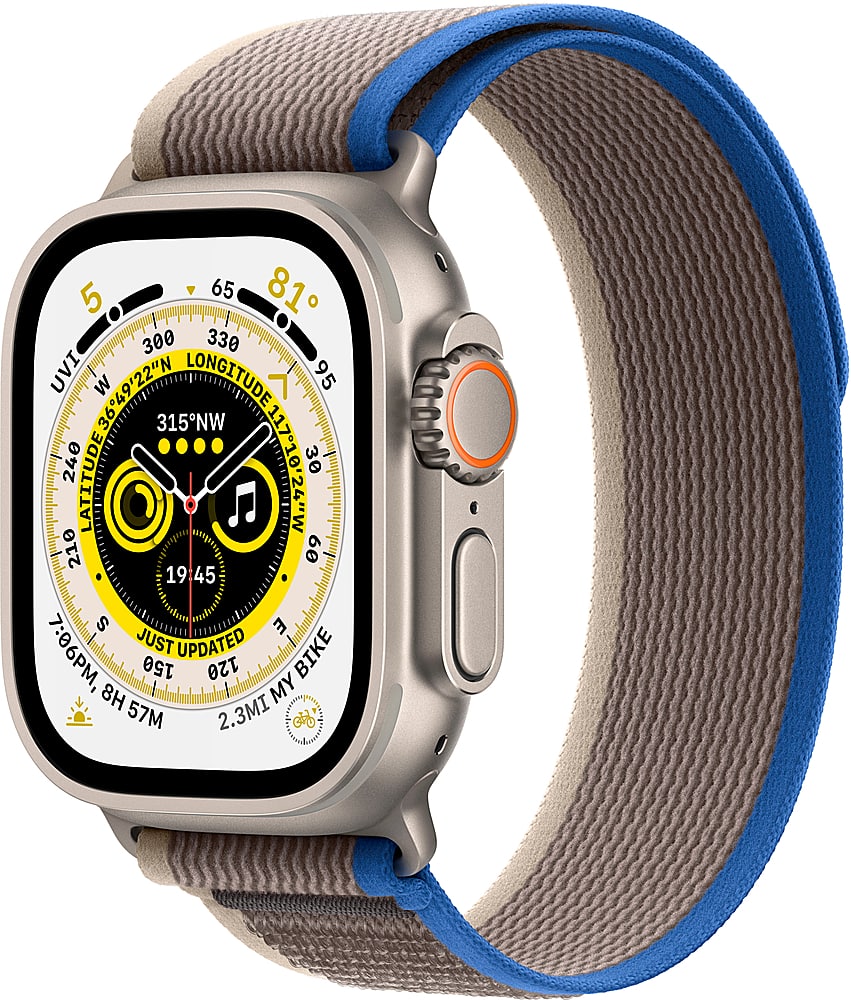 Apple Geek Squad Certified Refurbished Watch Ultra (GPS + Cellular) 49mm Titanium Case with Black/Gray Trail Loop - M/L - Si…