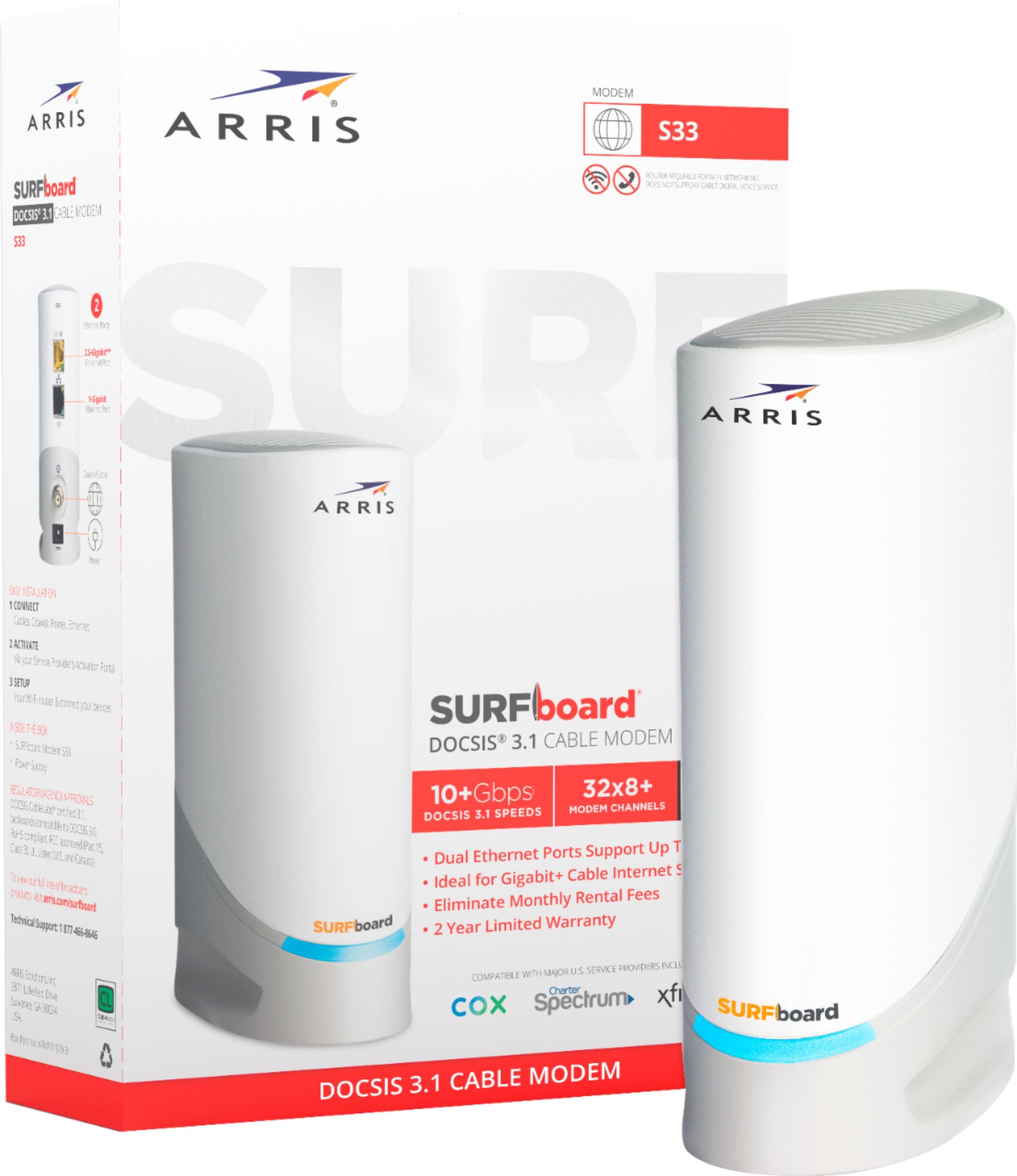 ARRIS - SURFboard S33 32 x 8 DOCSIS 3.1 Multi-Gig Cable Modem with 2.5 Gbps Ethernet Port - White product image