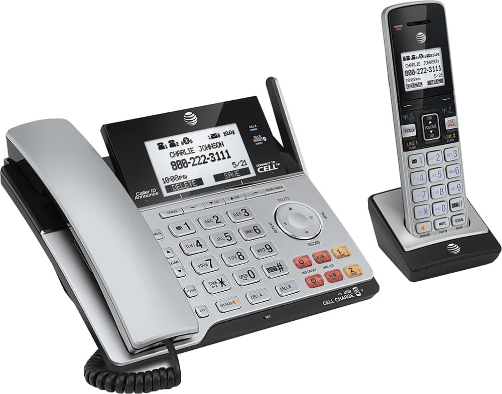 AT&T - TL86103 DECT 6.0 2-Line Expandable Corded/Cordless Phone with Bluetooth Connect to Cell and Answering System - Silver…