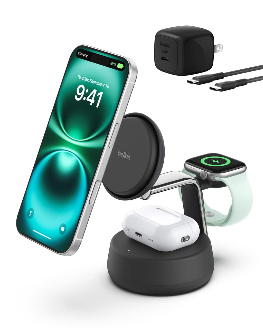 Belkin - UltraCharge Pro 3-in-1 Qi2 25W Magnetic Wireless Charging Dock for iPhone, Apple Watch and AirPods - Charcoal produ…