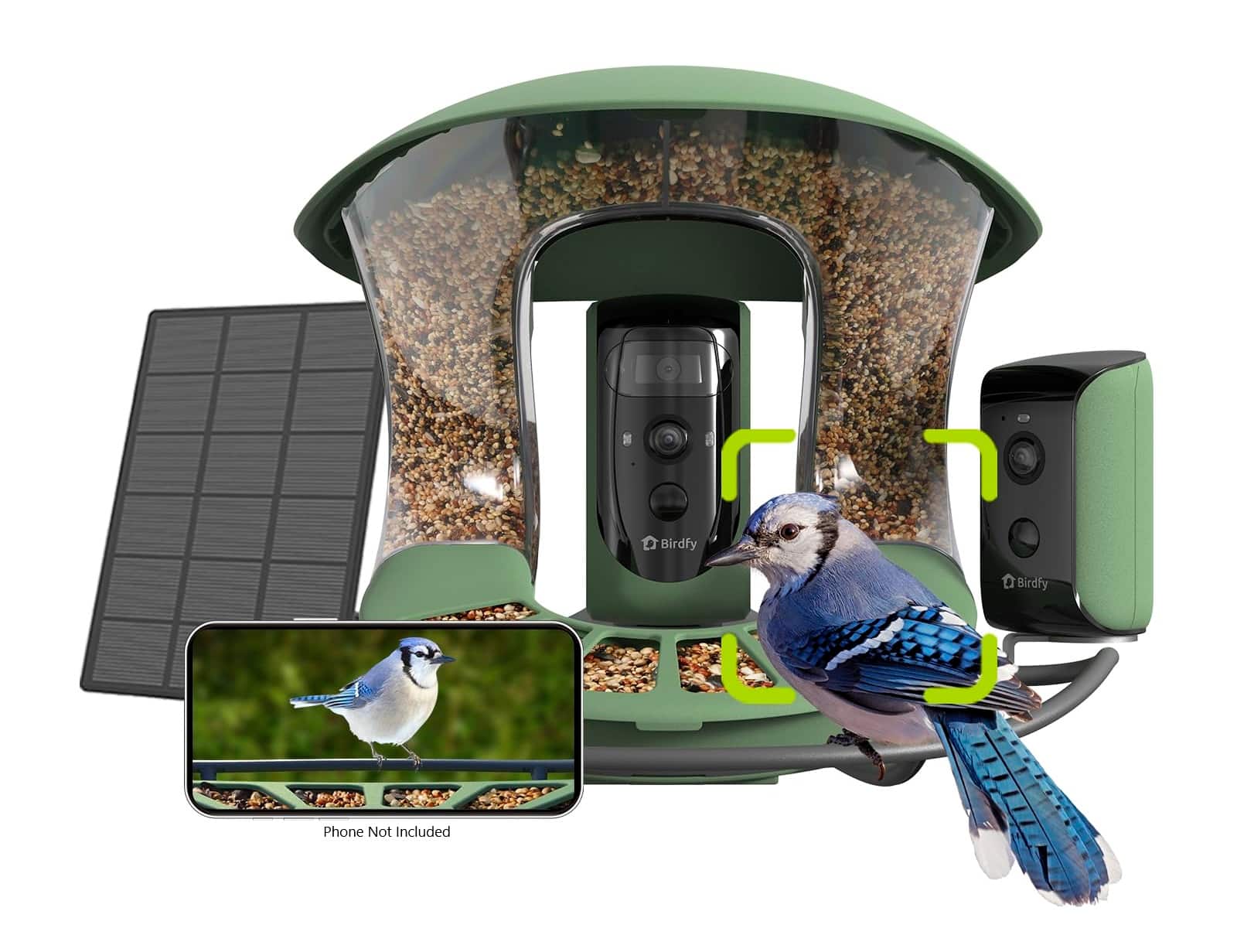 BIRDFY - 2 Smart Bird Feeder with Camera, Dual-Angle Views,AI Identifies 6000+ Birds,Solar-Powered, Motion Detection - Green…