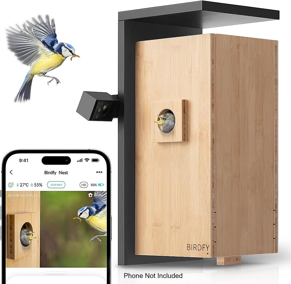BIRDFY - AI Smart Birdhouse, Bird Nest with Dual Cameras, Solar Power & AI Enabled Bird Recognition - Natural Bamboo & Black…