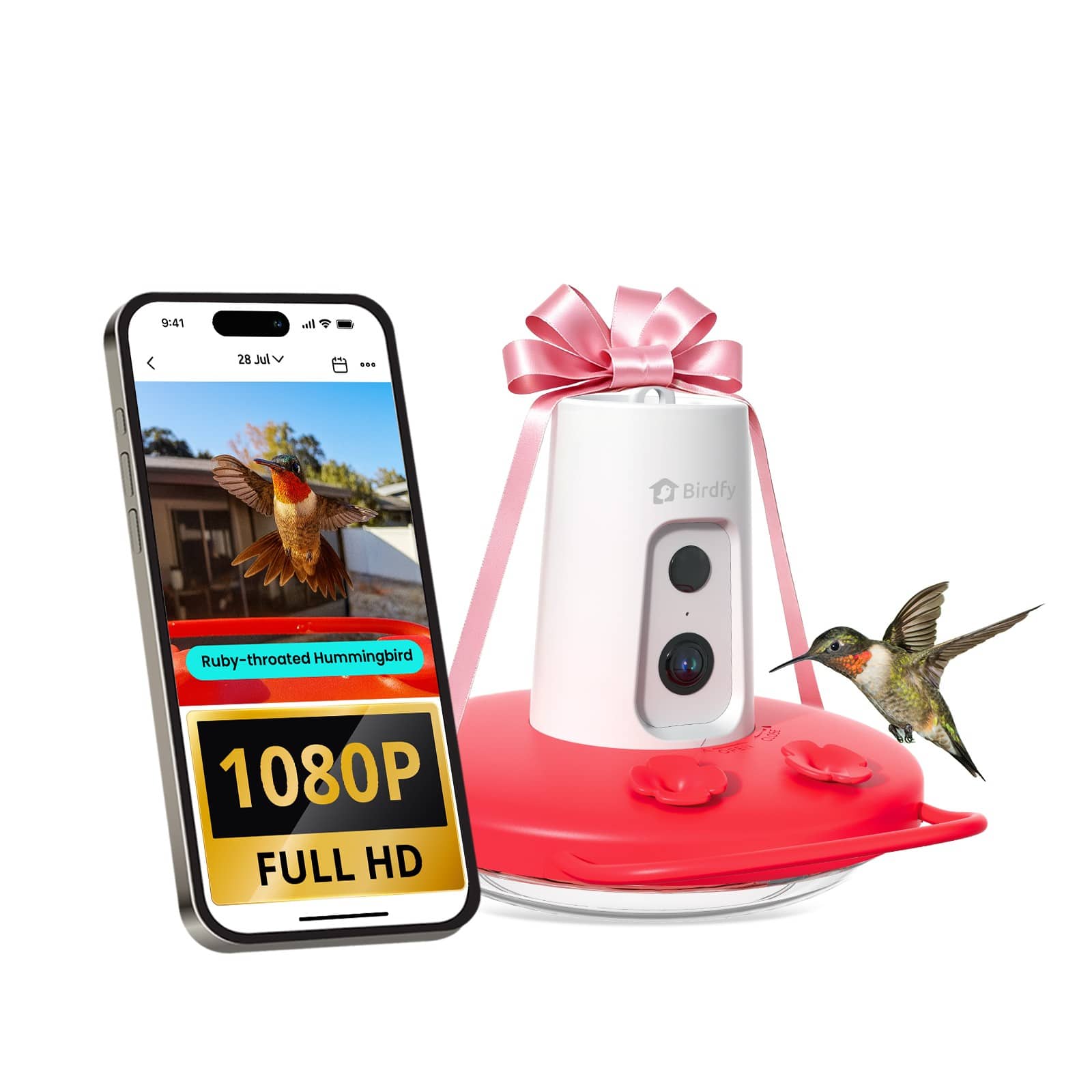 BIRDFY - Humming Bird Feeder with Camera, 1080P FHD Hummingbird Feeder Camera with Ant Moat - Red&White product image