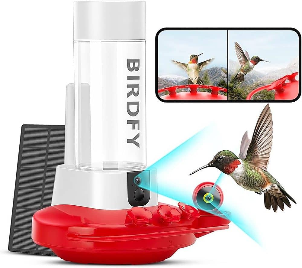 BIRDFY - Hummingbird Feeder for Outdoors Hanging Ant Proof, with Dual Cameras, Solar Power & AI Enabled Bird Recognition - R…