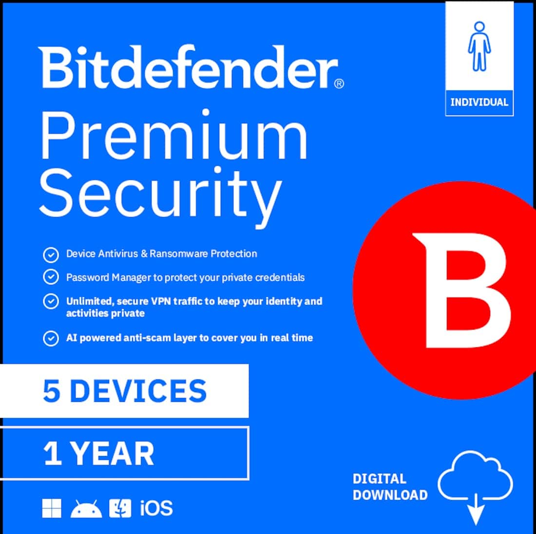 Bitdefender - Premium Security Individual 5 device 1 Year - Windows, Apple iOS, Mac OS, Android, Linux [Digital] product ima…
