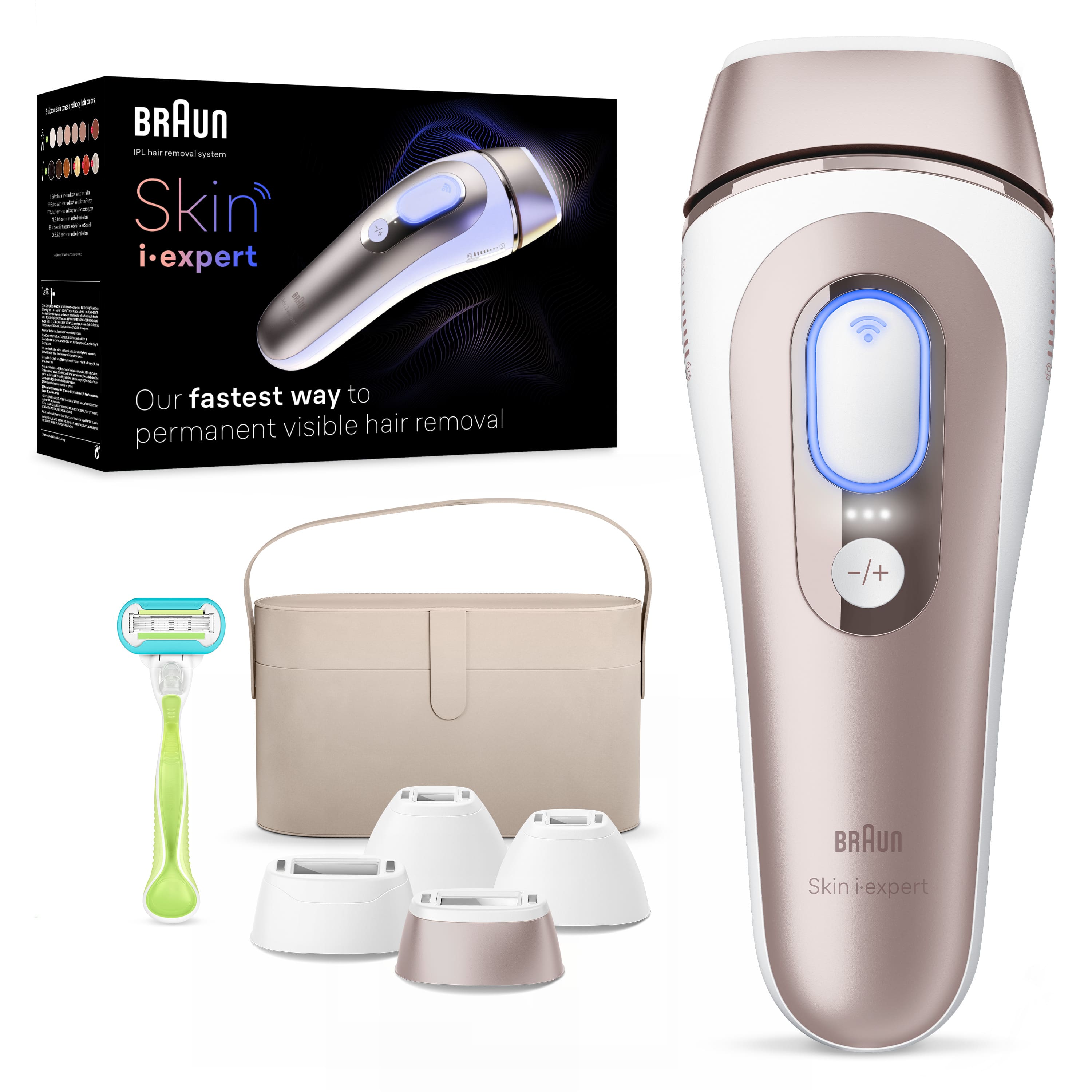 Braun - IPL Skin i·Expert Home Hair Removal Includes Vanity Case, Venus Razor, 4 Smart Heads, with Free App - White/Bronze p…