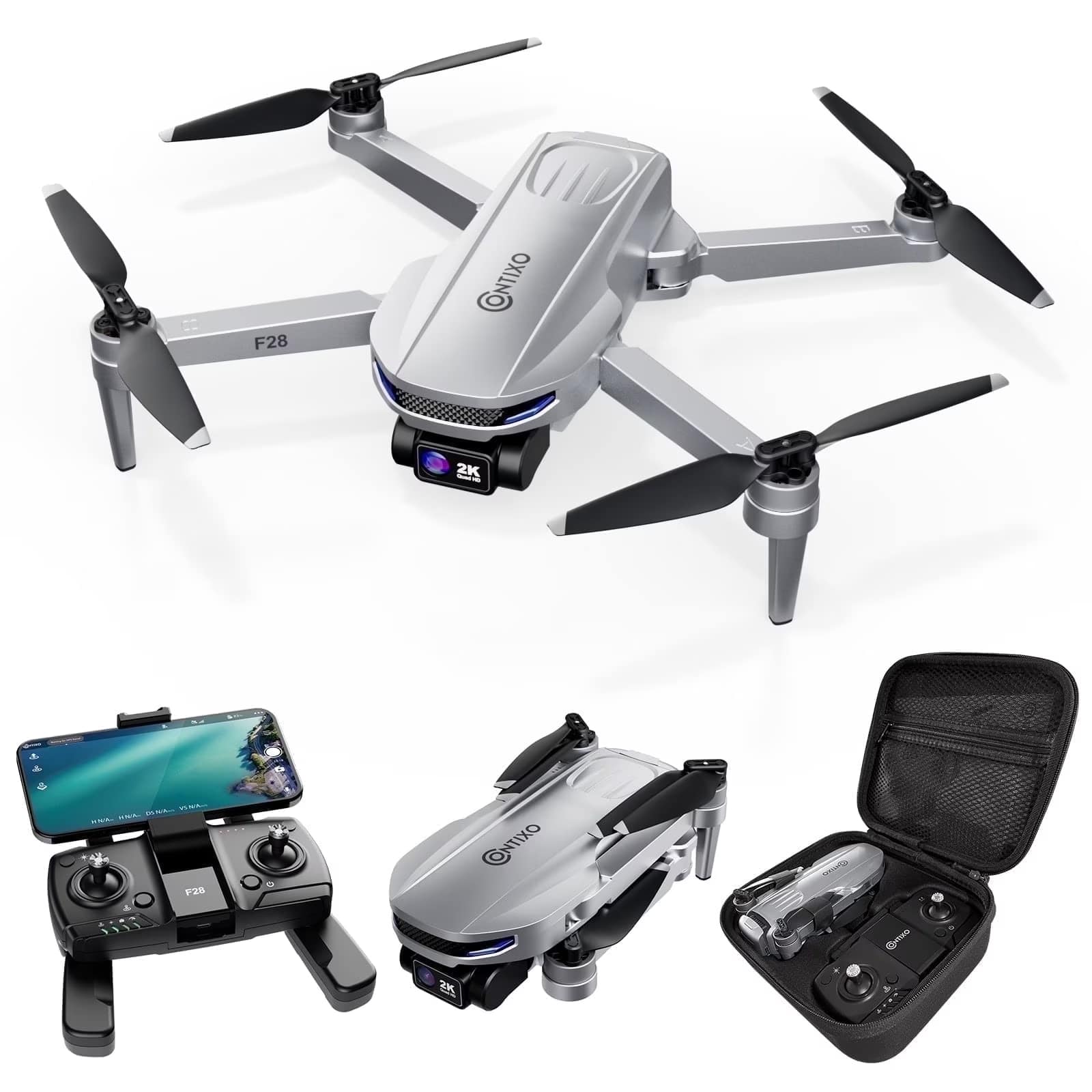 Contixo - F28 Stratus 2K GPS Drone with Intelligent Flight Modes, 26-Min Flight, Brushless Motors & Carrying Case - Silver p…