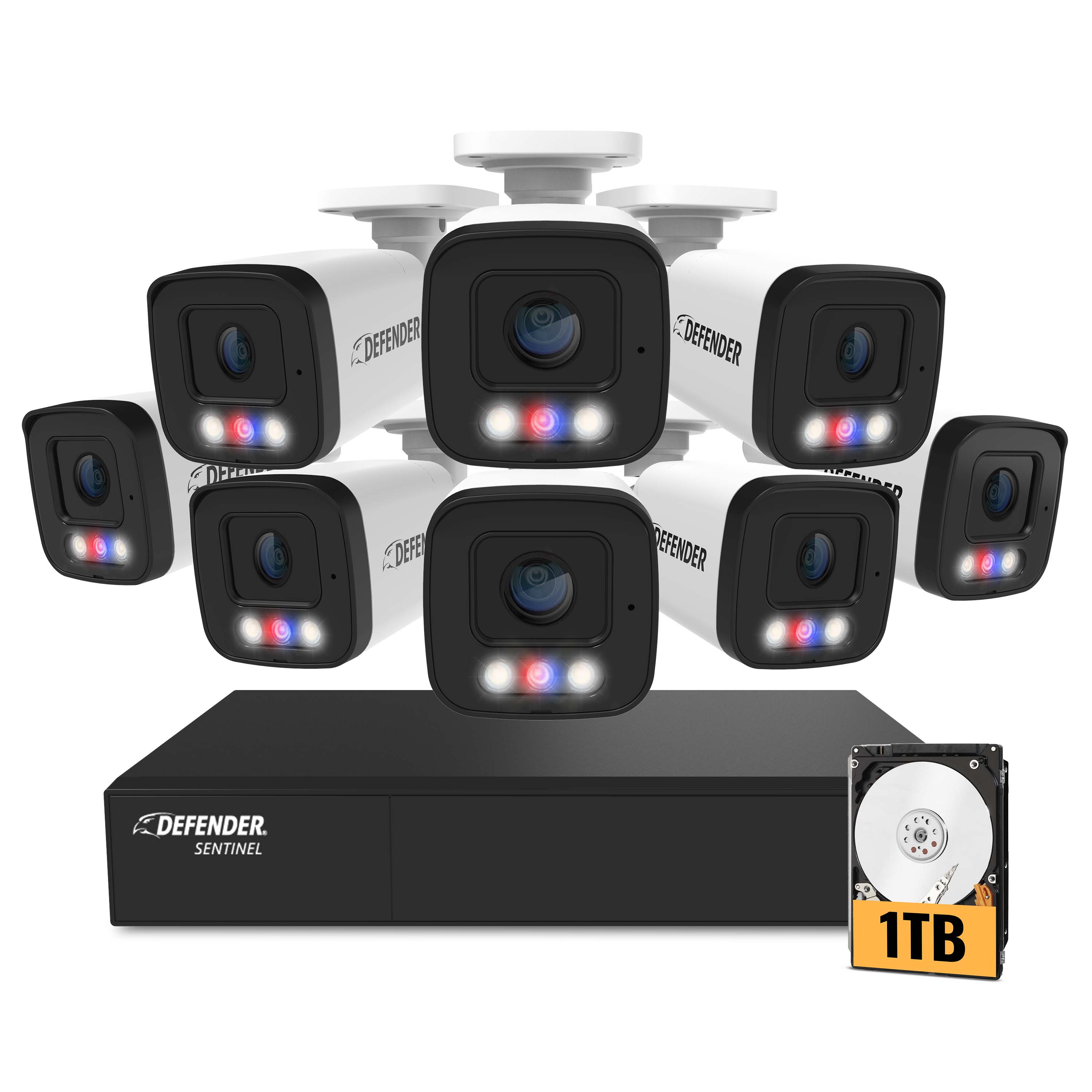 Defender - AI POWERED Sentinel 4K Ultra HD Wired 8 Channel PoE NVR Security System, 4 Metal Cameras & 1TB HDD - White produc…