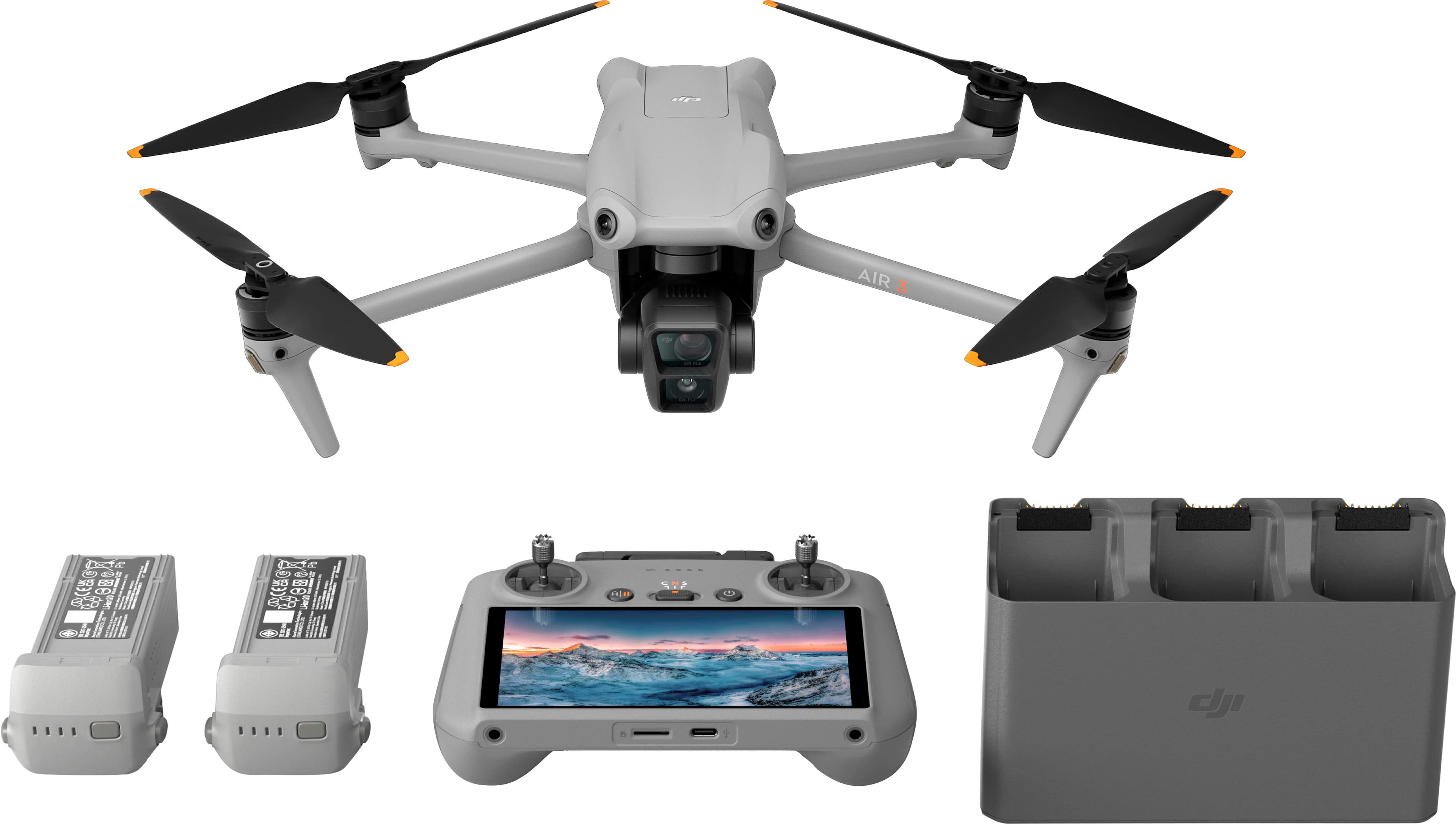 DJI - Geek Squad Certified Refurbished Air 3 Fly More Combo Drone and RC 2 Remote Control with Built-in Screen - Gray produc…