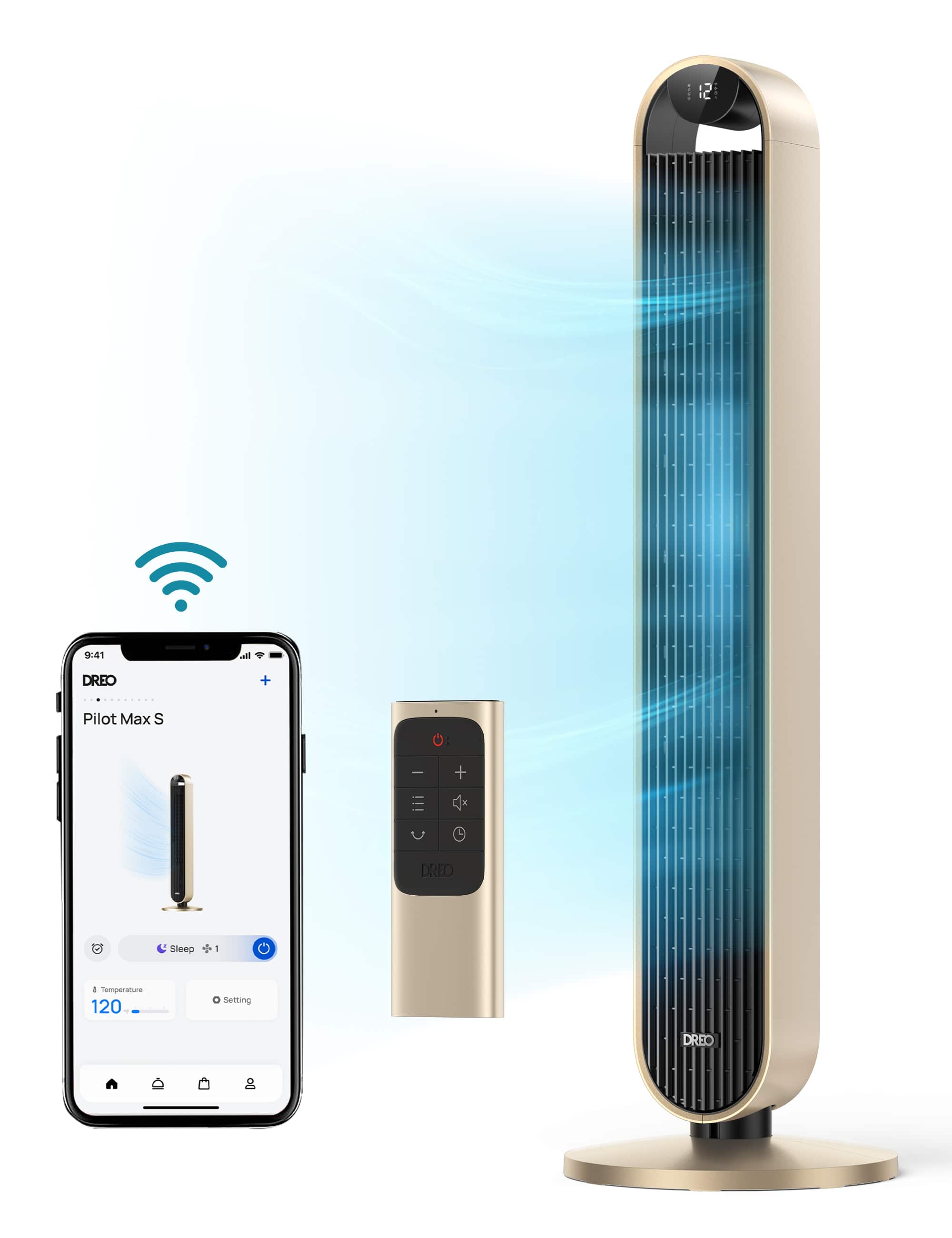 Dreo - 120°Oscillating Bladeless Fan for Bedroom, 25dB Quiet DC Motor, Standing Fan with Remote, 12 Hyper Wind Speeds - Gold…