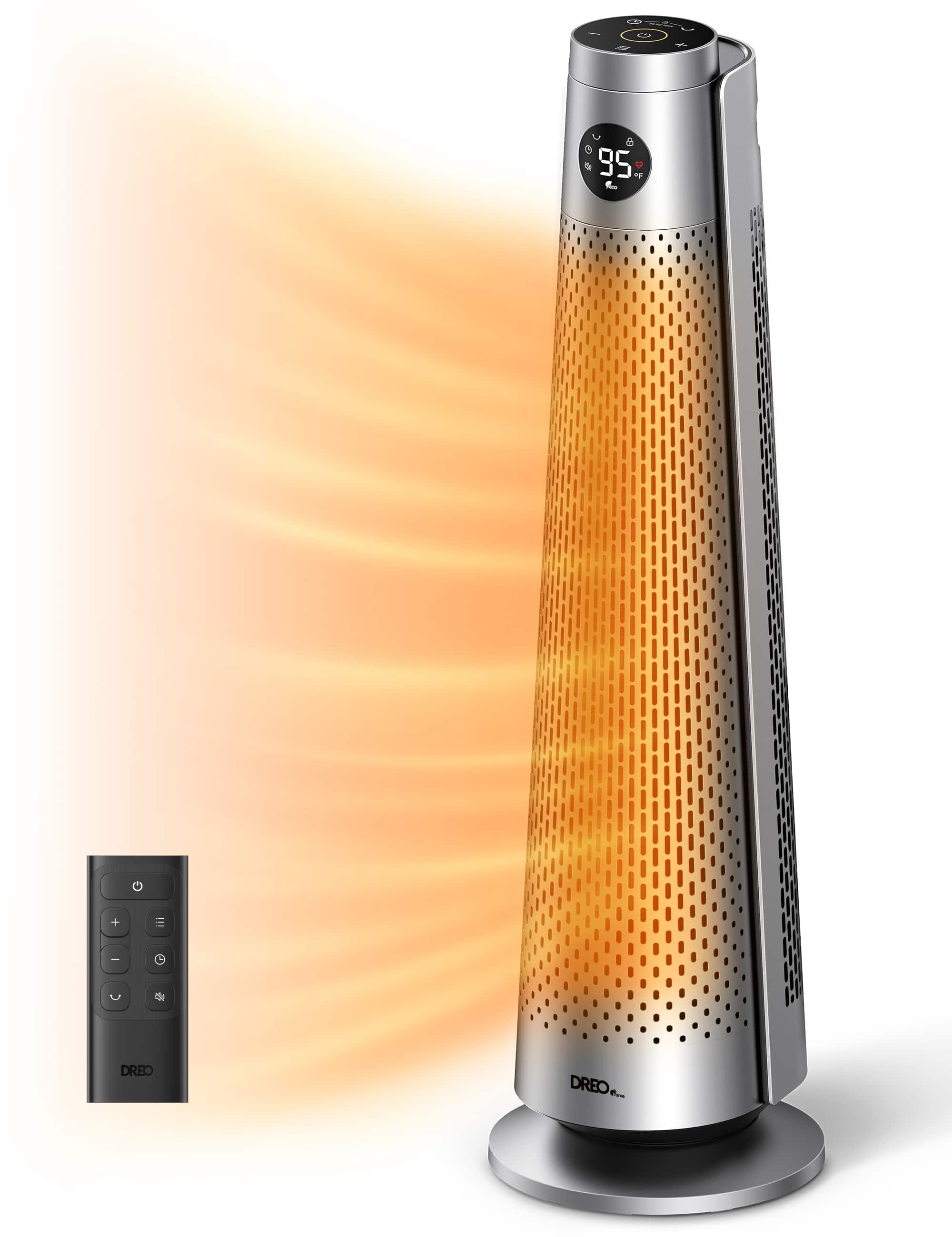 DREO - 30" Space Heater for Large Rooms, 120° Oscillation, Adjustable Thermostat, 5 Heat & 3 Fan levels, Solaris 818 - Silve…