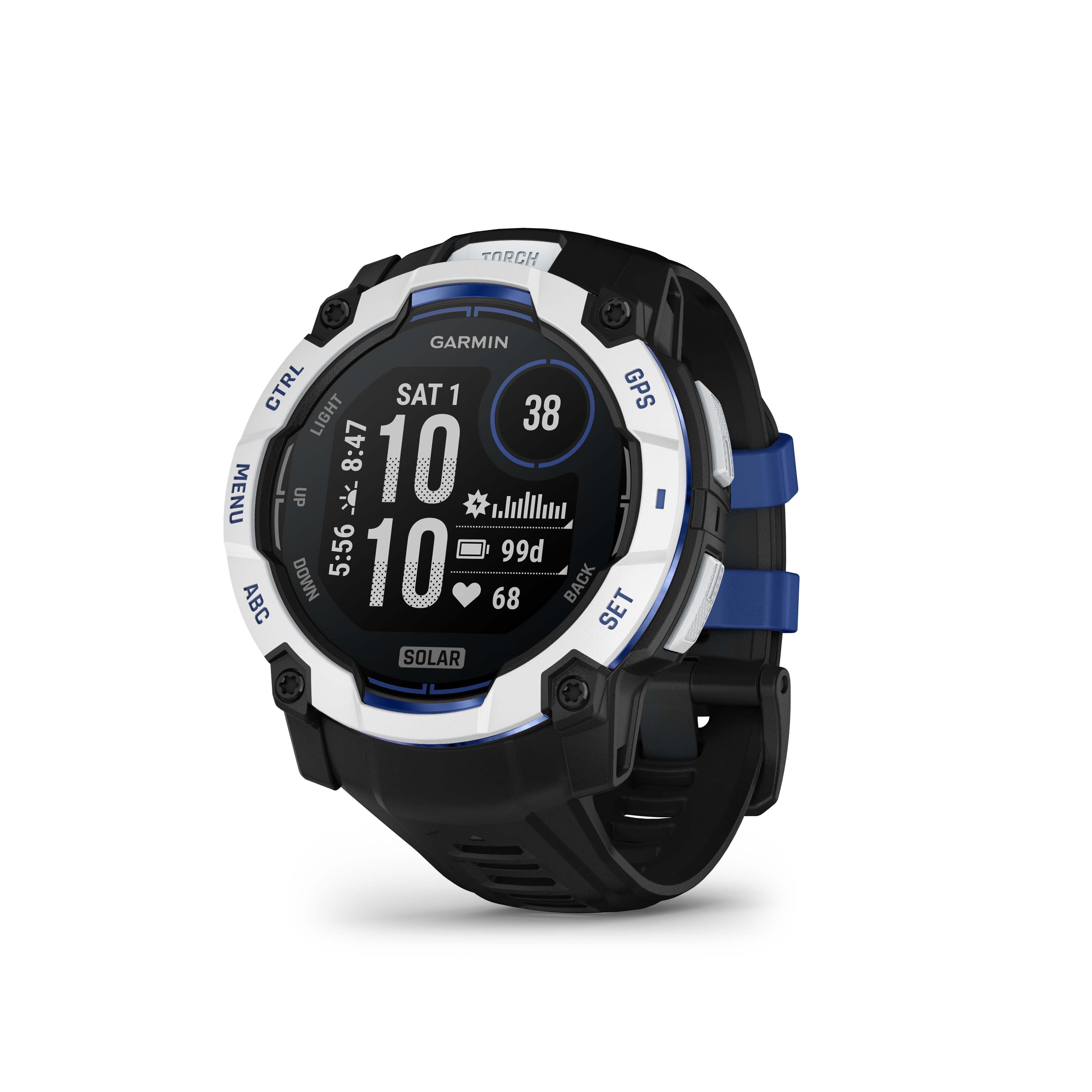 Garmin - Instinct 3 Solar GPS Smartwatch 50 mm Fiber-reinforced Polymer - Whitestone with black/bolt blue silicone band - (2…