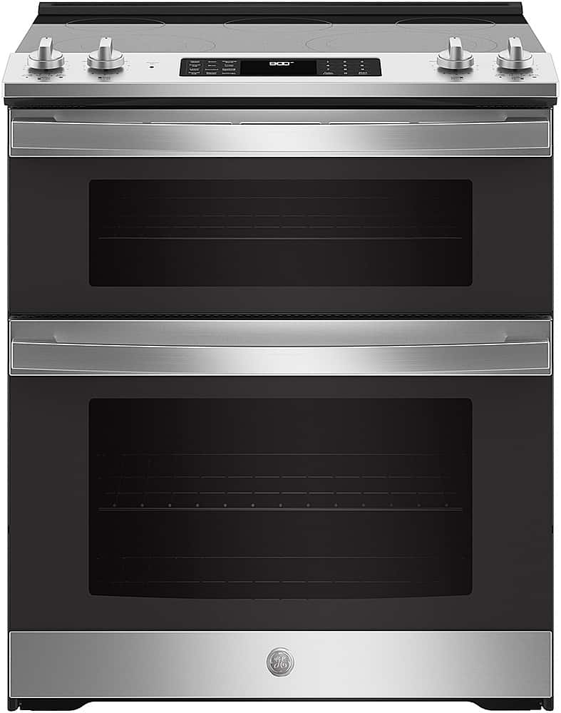 GE - 6.6 Cu. Ft. Slide-In Double Oven Electric True Convection Range with Self-Steam Cleaning and No-Preheat Air Fry - Stain…