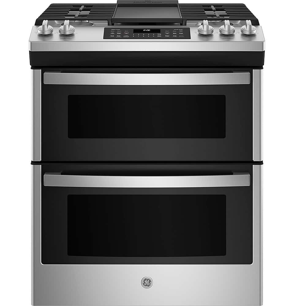 GE - 6.7 Cu. Ft. Slide-In Double-Oven Gas Range with Steam-Cleaning and No-Preheat Air Fry - Stainless Steel product image