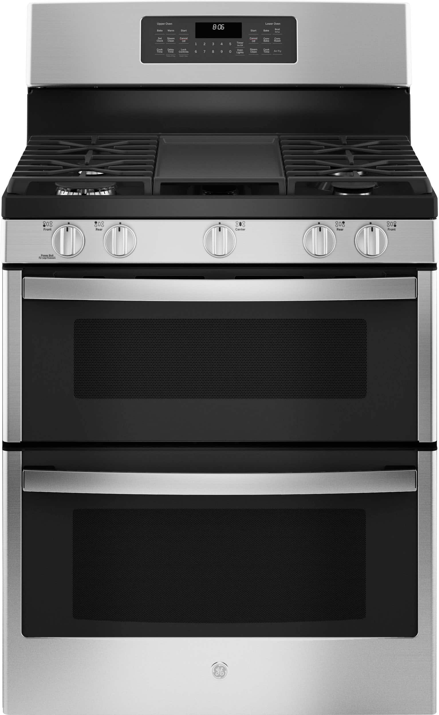 GE - 6.8 Cu. Ft. Freestanding Double-Oven Gas Convection Range with Self-Steam Cleaning and No-Preheat Air Fry - Stainless S…