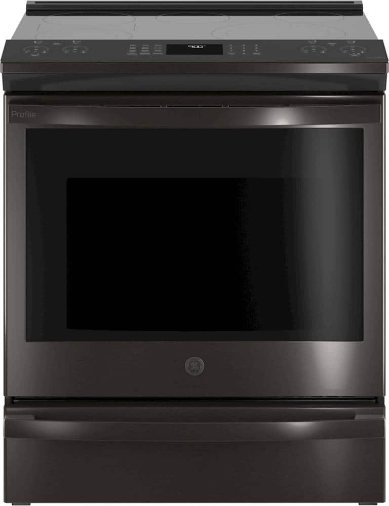 GE Profile - 5.3 Cu. Ft. Slide-In Electric True Convection Range with Self-Steam Cleaning - Black Stainless Steel product im…