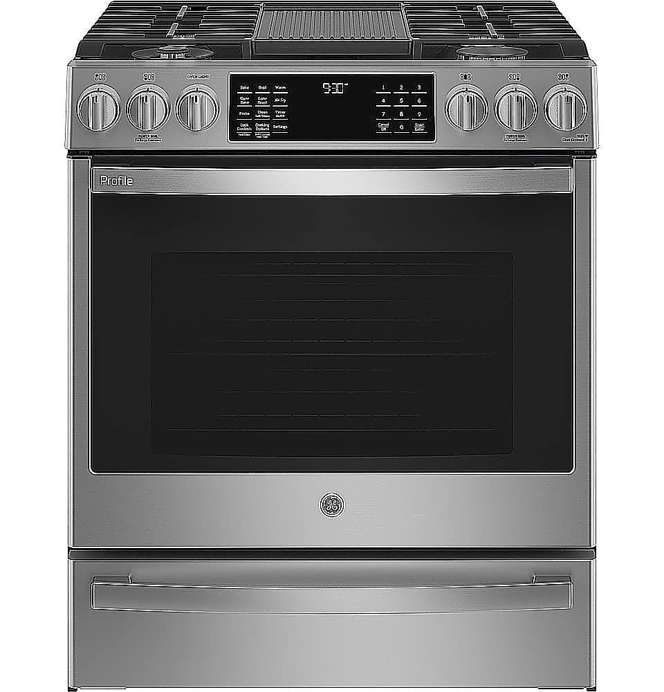GE Profile - 5.6 Cu. Ft. Slide-In Gas True Convection Range with Built-In Wi-Fi and Hot Air Frying - Black Stainless Steel p…