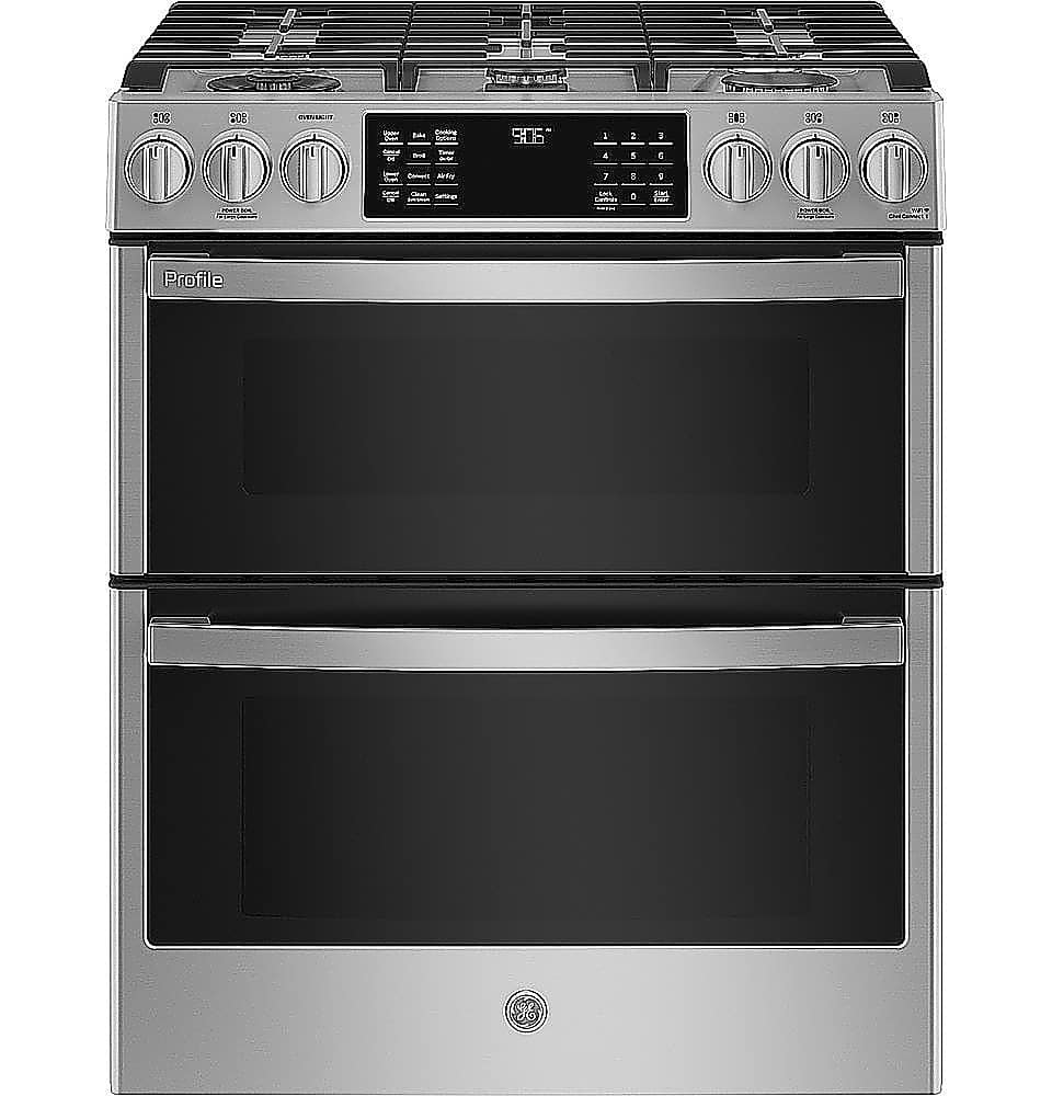 GE Profile - 6.7 Cu. Ft. Slide-In Double Oven Gas True Convection Range with Steam Self-Clean, No Preheat Air Fry and Wi-Fi…