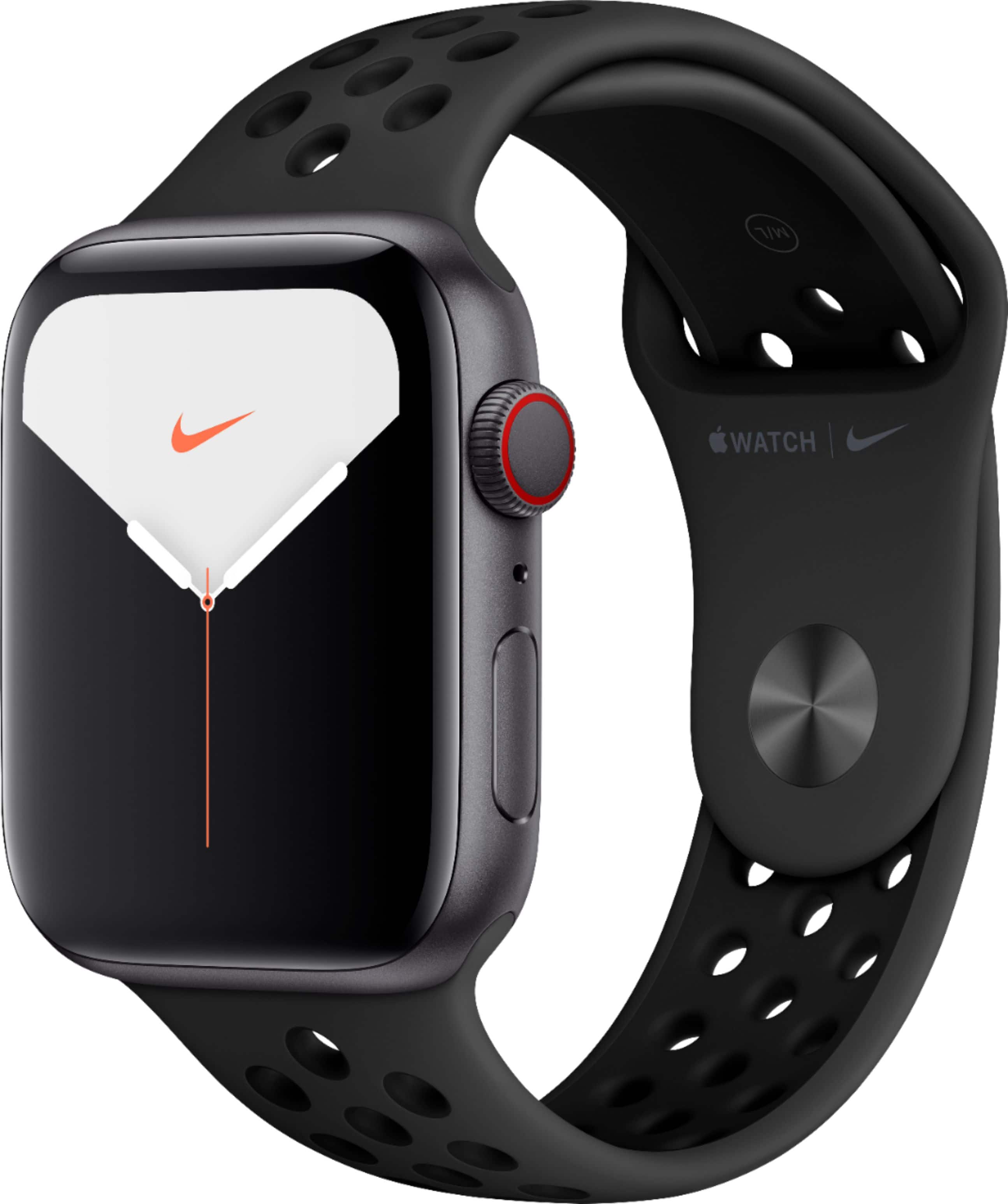 Geek Squad Certified Refurbished Apple Watch Nike Series 5 (GPS + Cellular) 44mm Aluminum Case with Nike Sport Band - Space…