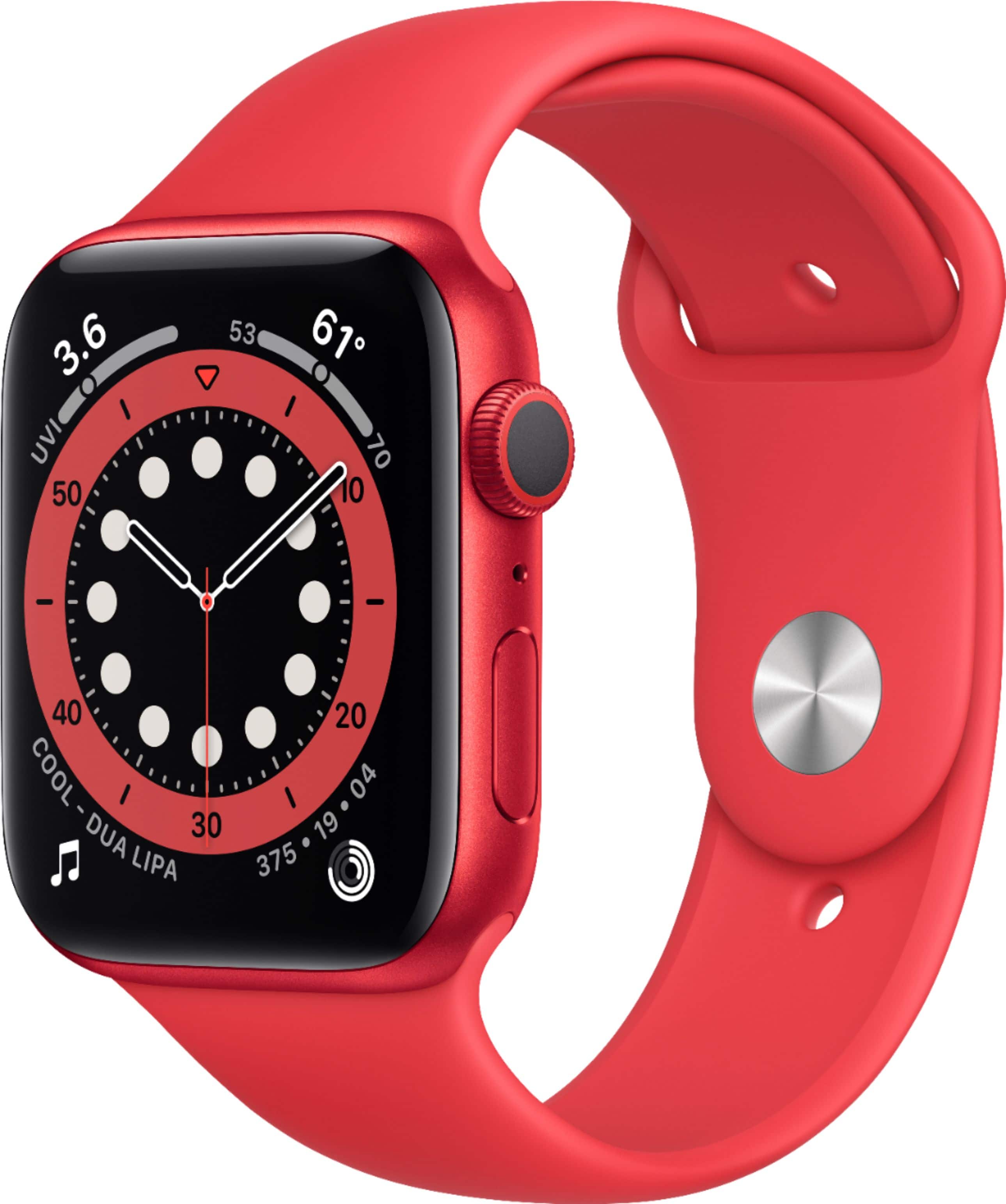 Geek Squad Certified Refurbished Apple Watch Series 6 (GPS) 44mm (PRODUCT)RED Aluminum Case with (PRODUCT)RED Sport Band - (…