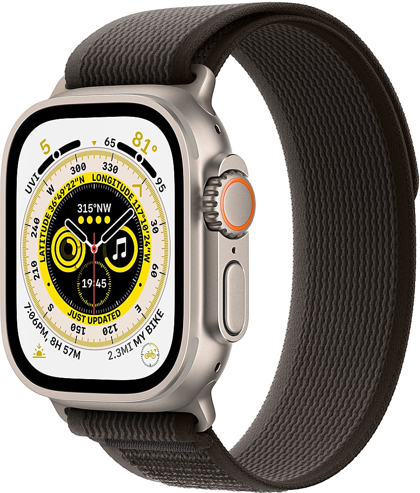 Geek Squad Certified Refurbished Apple Watch Ultra (GPS + Cellular) 49mm Titanium Case with Black/Gray Trail Loop - S/M - Ti…