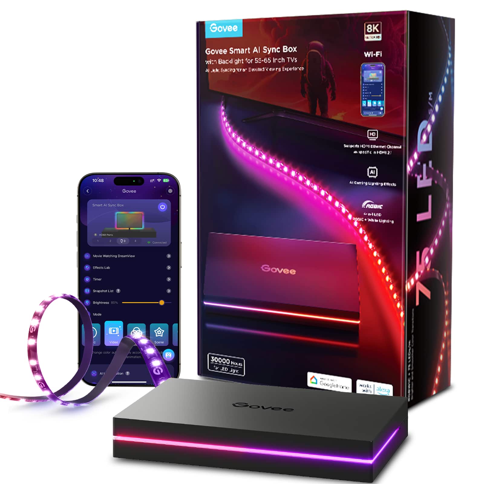 Govee - AI Gaming & TV Sync Box Kit 2 with HDMI 2.1, 4K@144Hz, 4-in-1 RGBWIC Lighting for 55-65 inch TVs - Multi product ima…