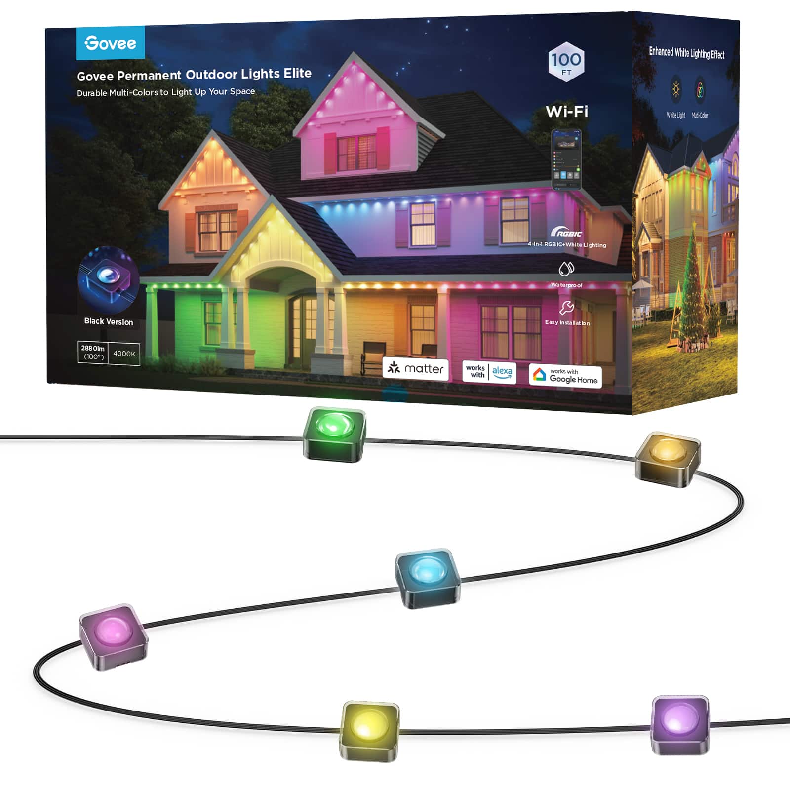 Govee - Wi-Fi RGBIC Outdoor Permanent String Lights 100ft - Black product image