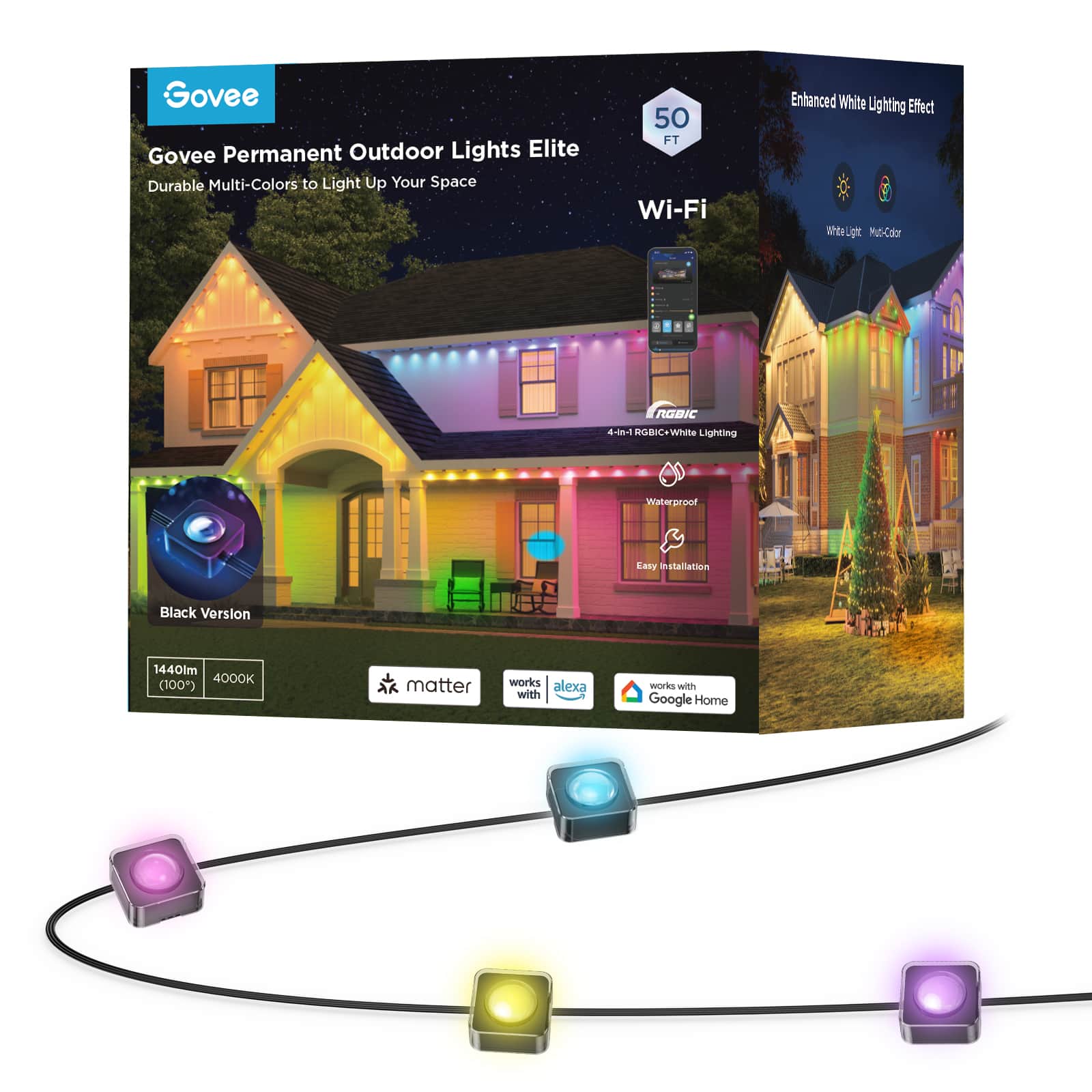 Govee - Wi-Fi RGBIC Outdoor Permanent String Lights 50ft - Black product image