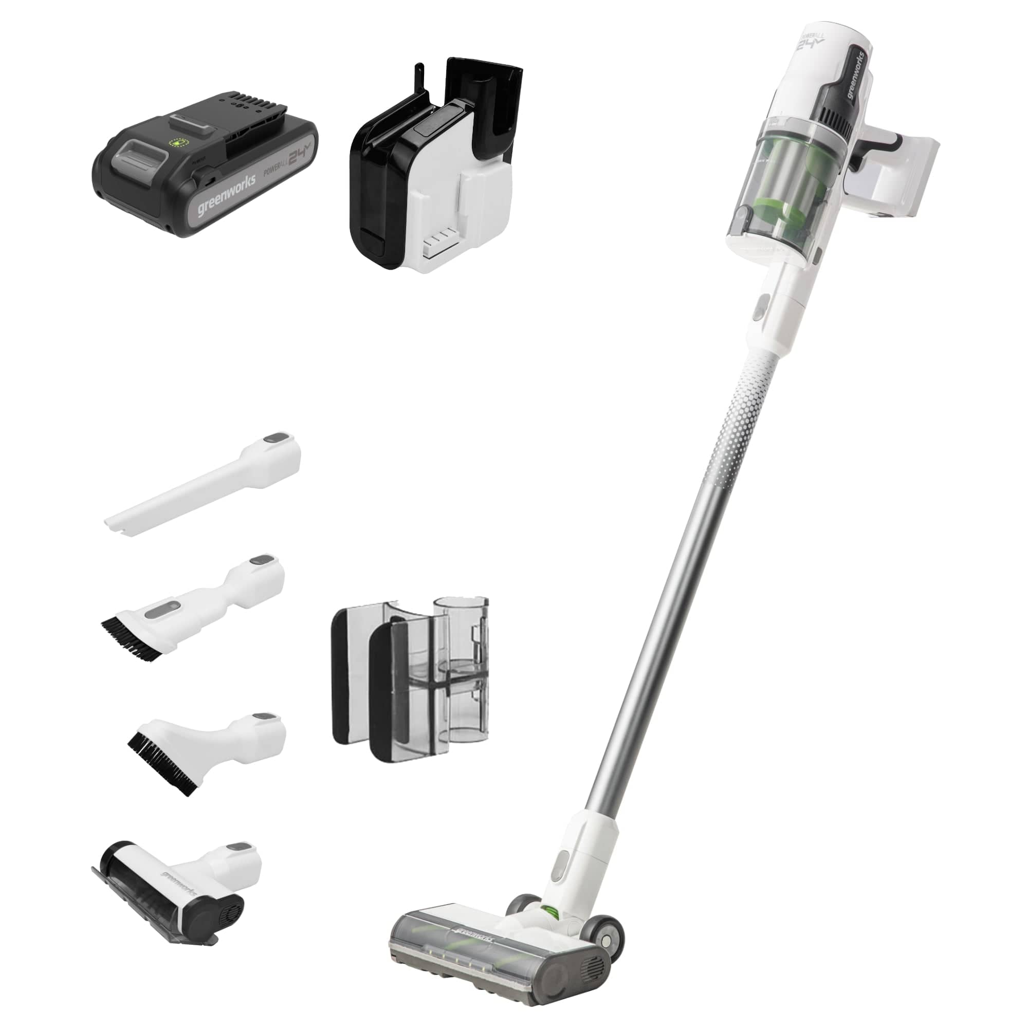 Greenworks - 24 Volt Stick Vacuum with 4ah Battery, Attachments, & Charger - White product image