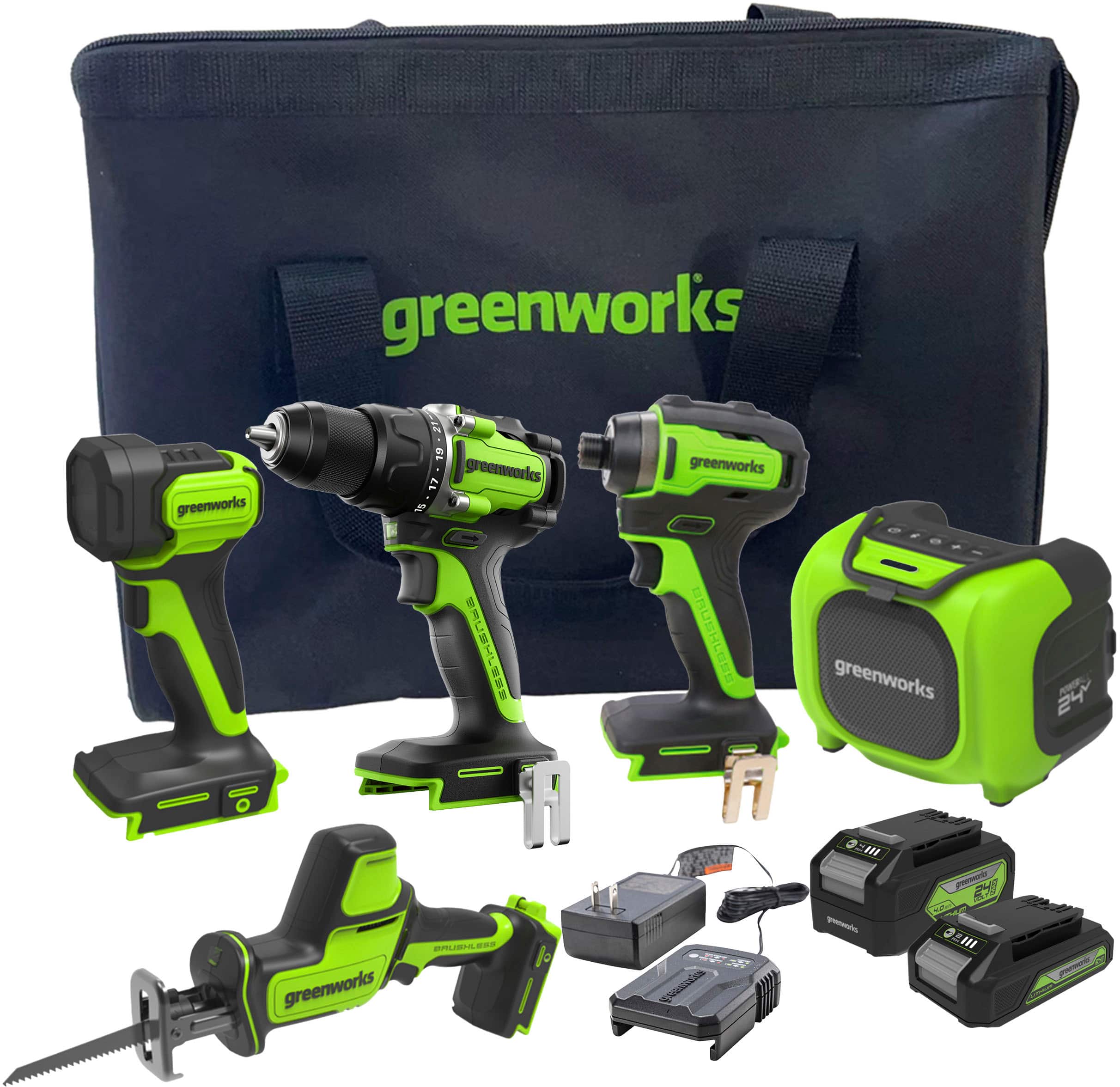 Greenworks - 24V 5 Tool Combo Kit - Drill, Impact Driver, Recip Saw, Light, Bluetooth Speaker, 2Ah + 4Ah Batteries, & Charge…