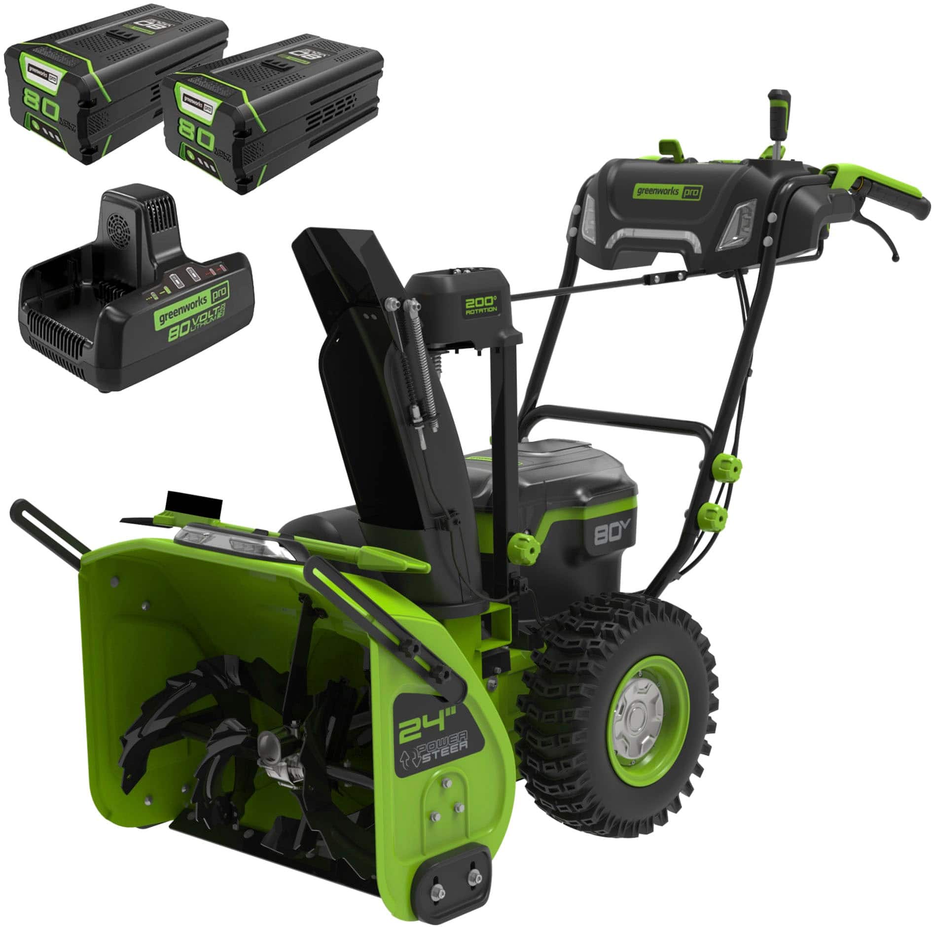 Greenworks - 80V 24” Cordless Brushless Two-Stage Snow Blower with (2) 4.0Ah Batteries and Dual-Port Turbo Charger - Green p…