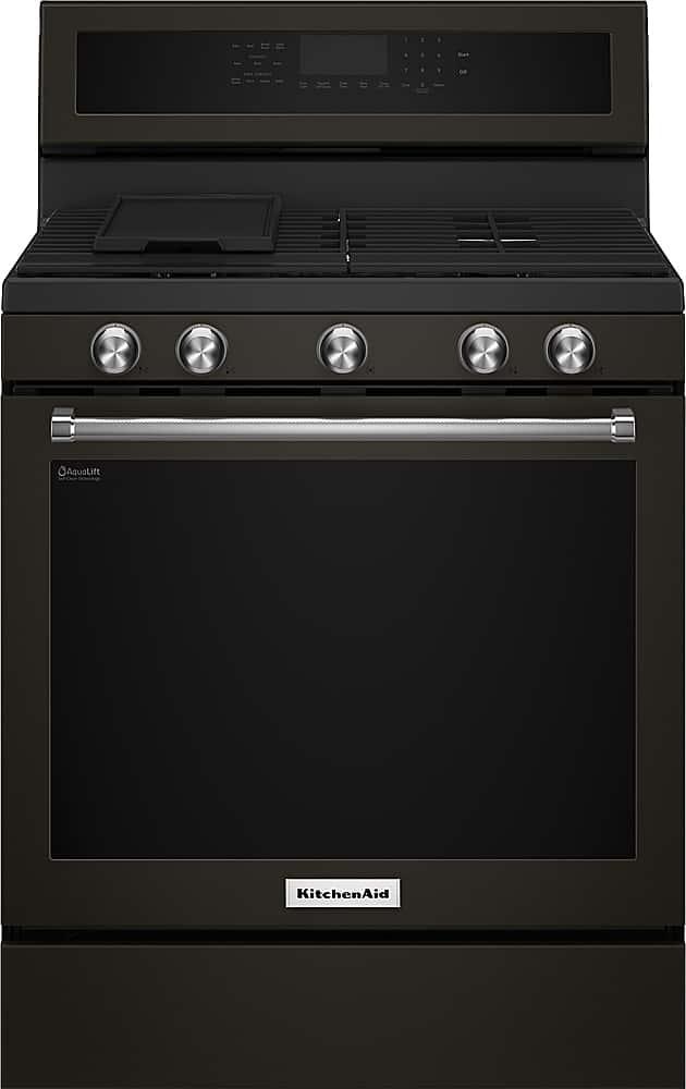 KitchenAid - 5.8 Cu. Ft. Self-Cleaning Freestanding Gas True Convection Range with Even-Heat - Black Stainless Steel product…