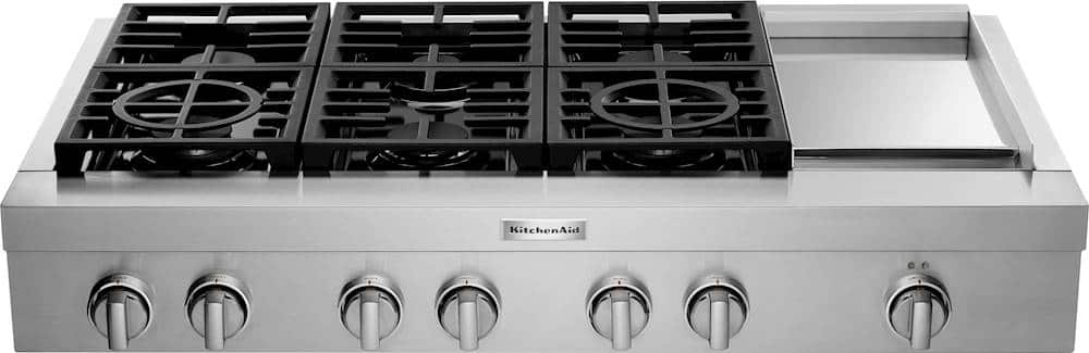 KitchenAid - Commercial-Style 48'' Built-In Gas Cooktop with 6 Burners and Griddle - Stainless Steel product image