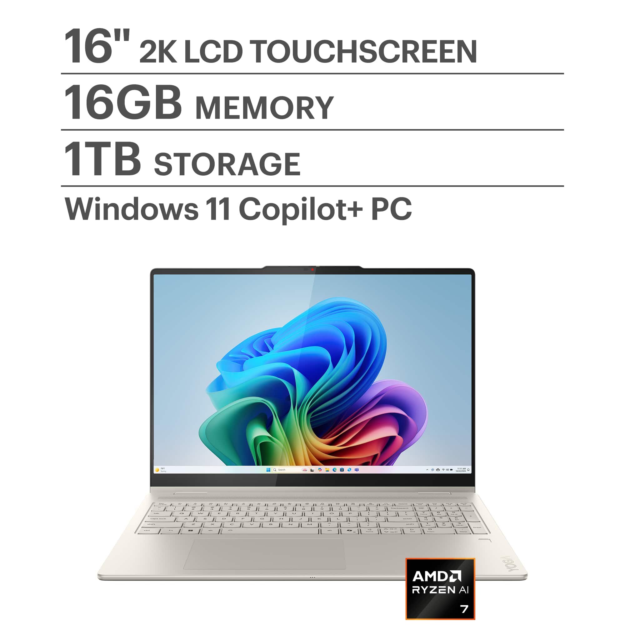 Lenovo - Yoga 7 2-in-1 - Copilot+ PC - 16" Full HD LCD Touchscreen Laptop - AMD Ryzen AI 7 350 2025 - 16GB Memory - 1TB SSD…
