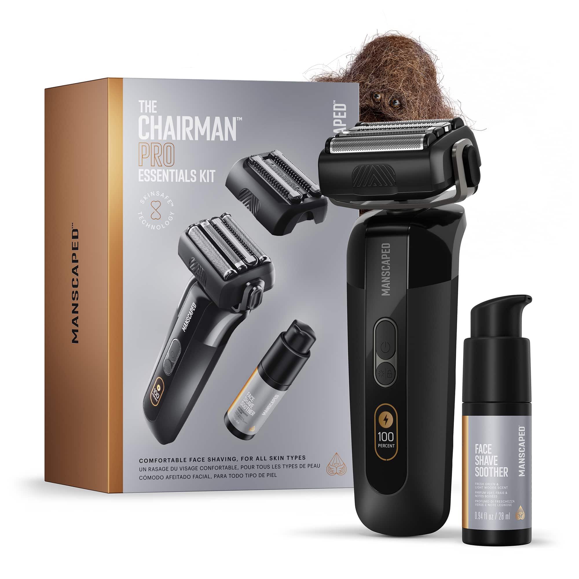 Manscaped - The Chairman Pro Essentials Kit Rechargeable Wet/Dry Electric Foil Face Shaver and SkinSafe Stubble Trimmer - Bl…