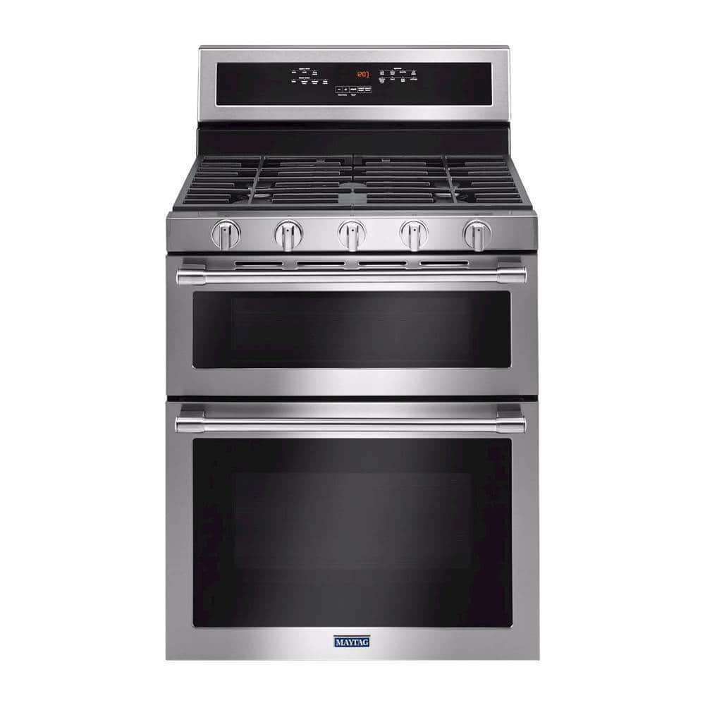 Maytag - 6.0 Cu. Ft. Self-Cleaning Freestanding Fingerprint Resistant Double Oven Gas Convection Range - Stainless Steel pro…