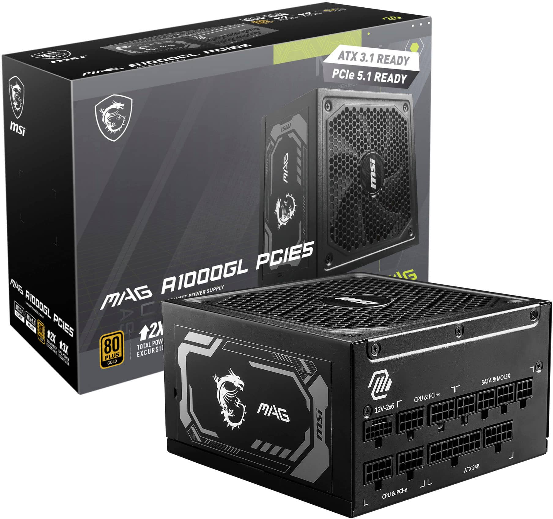 MSI - MAG A1000GL PCIE5 1000W Full Modular ATX 3.1 Ready 80 Plus Gold Power Supply - Black product image