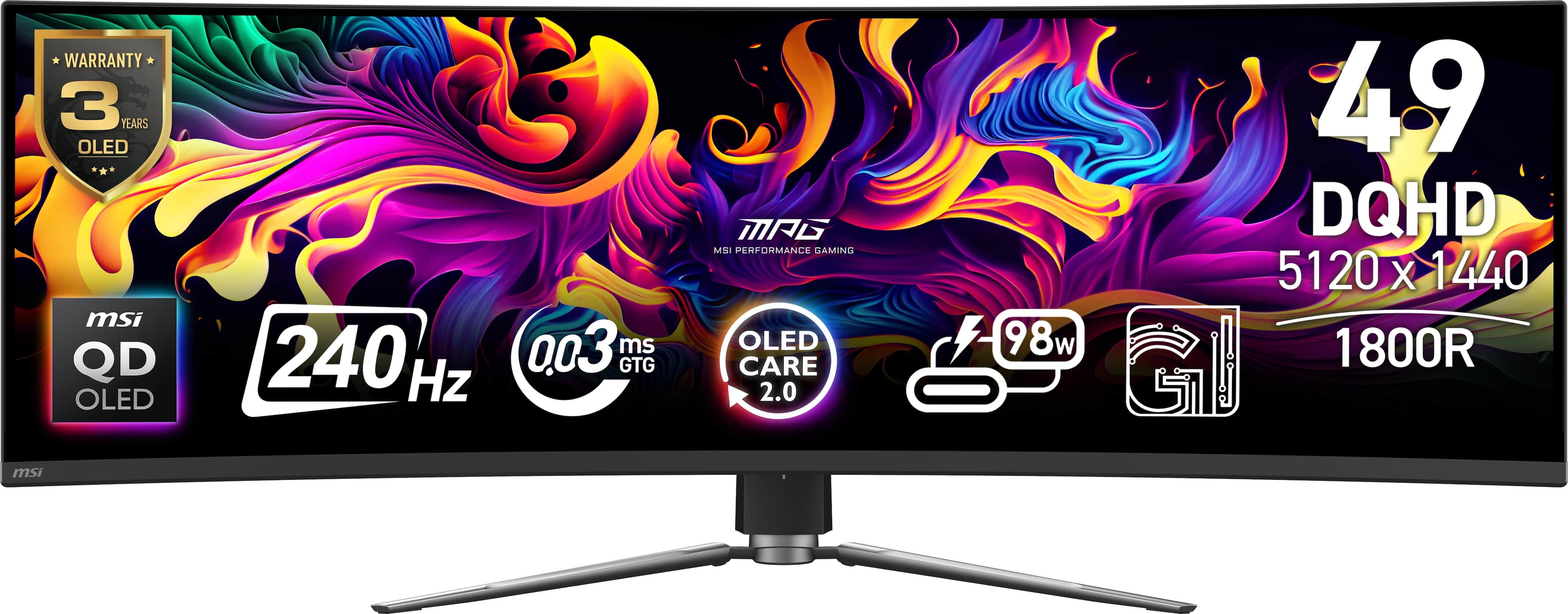 MSI - MPG 491CQPX QD-OLED 49" 5120x1440 (DQHD) Curved OLED Quantum Dot Monitor 240Hz 0.03ms(GTG) HDR400 Type-C Display HDMI…
