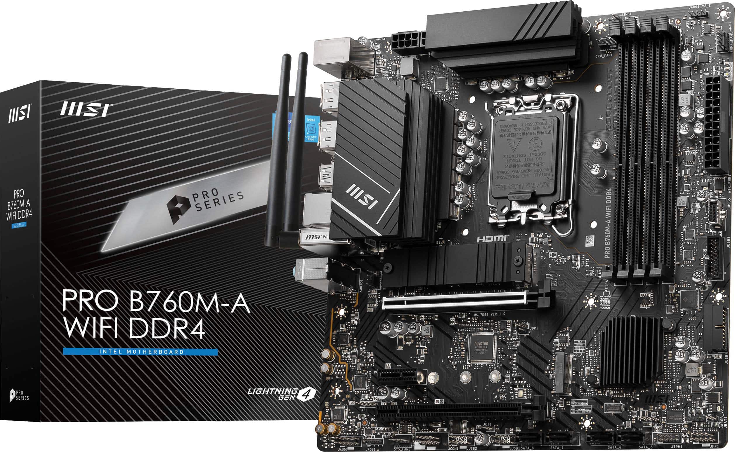 MSI - PRO B760M-A WIFI DDR4 (Socket LGA 1700) Intel B760 mATX DDR4 Wi-Fi 6E Motherboard - Black product image
