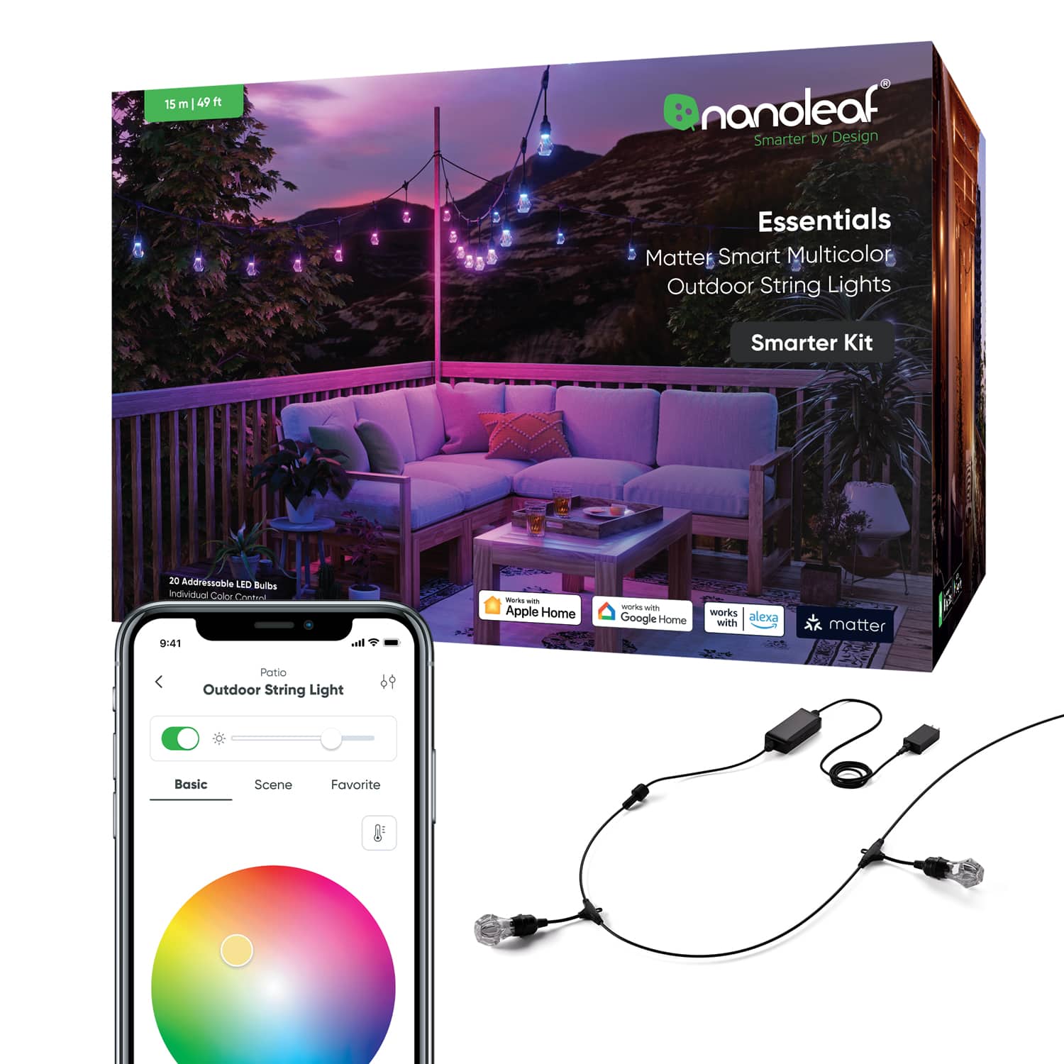 Nanoleaf - Essentials Smart Multicolor Outdoor String Lights Smarter Kit - 49 feet - White and Colors product image