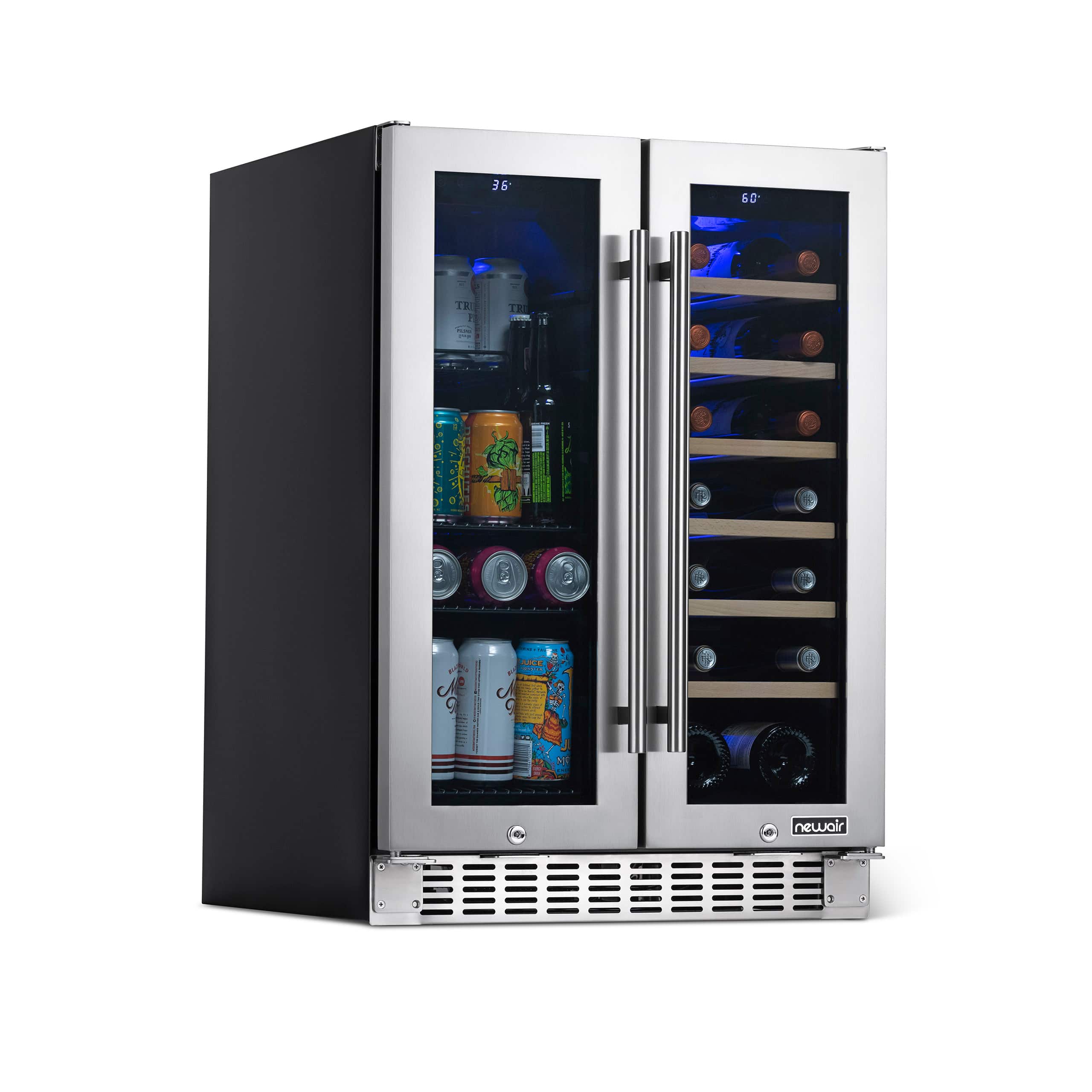 NewAir - 24” Built-in Dual Zone 18 Bottle and 58 Can French Door Wine and Beverage Fridge with SplitShelf™ and Recessed Kick…