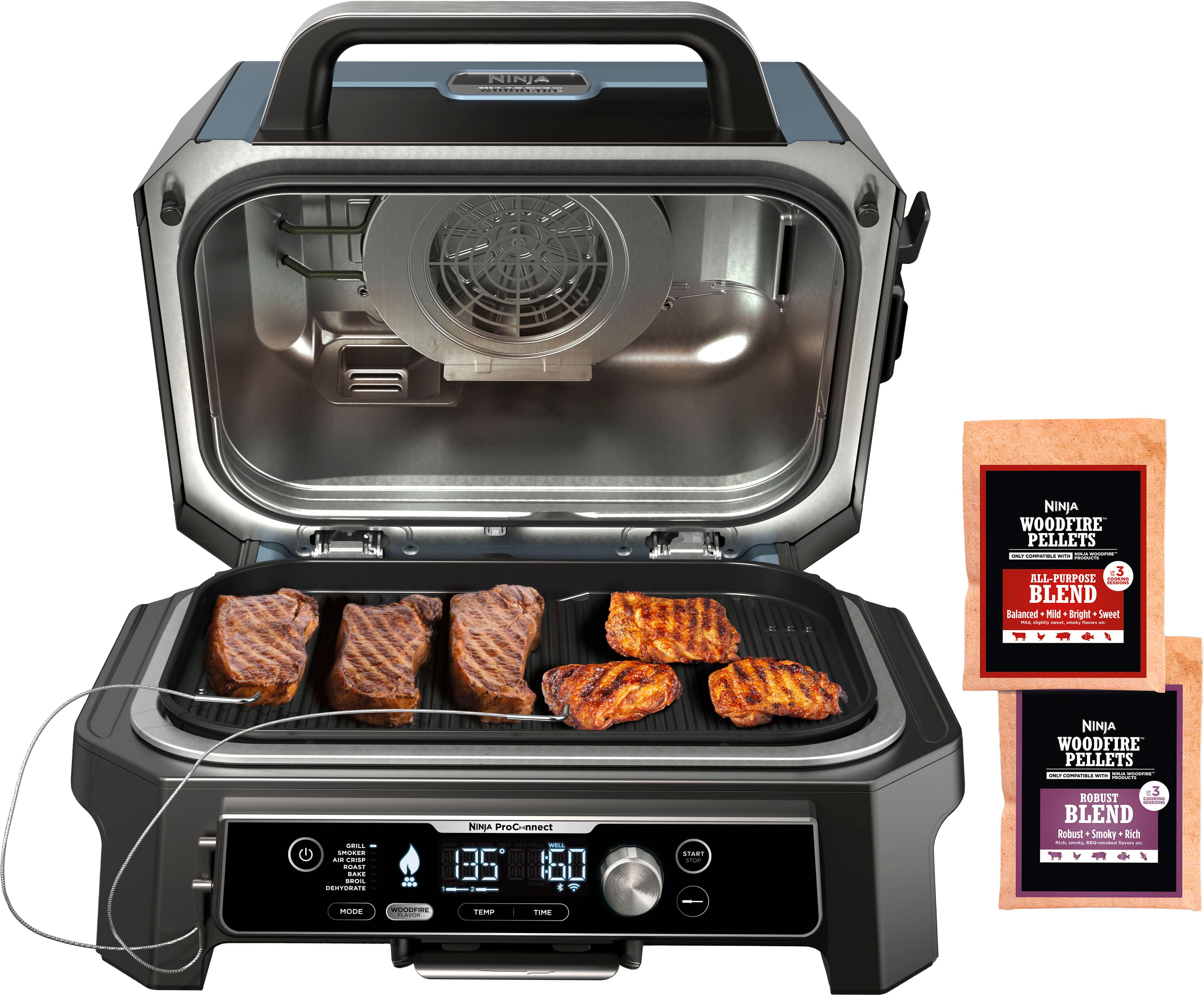 Ninja - Woodfire ProConnect Premium XL Outdoor 7-in-1 Grill & Smoker, App Enabled, Air Fryer, 2 Built-In Thermometers - Blue…