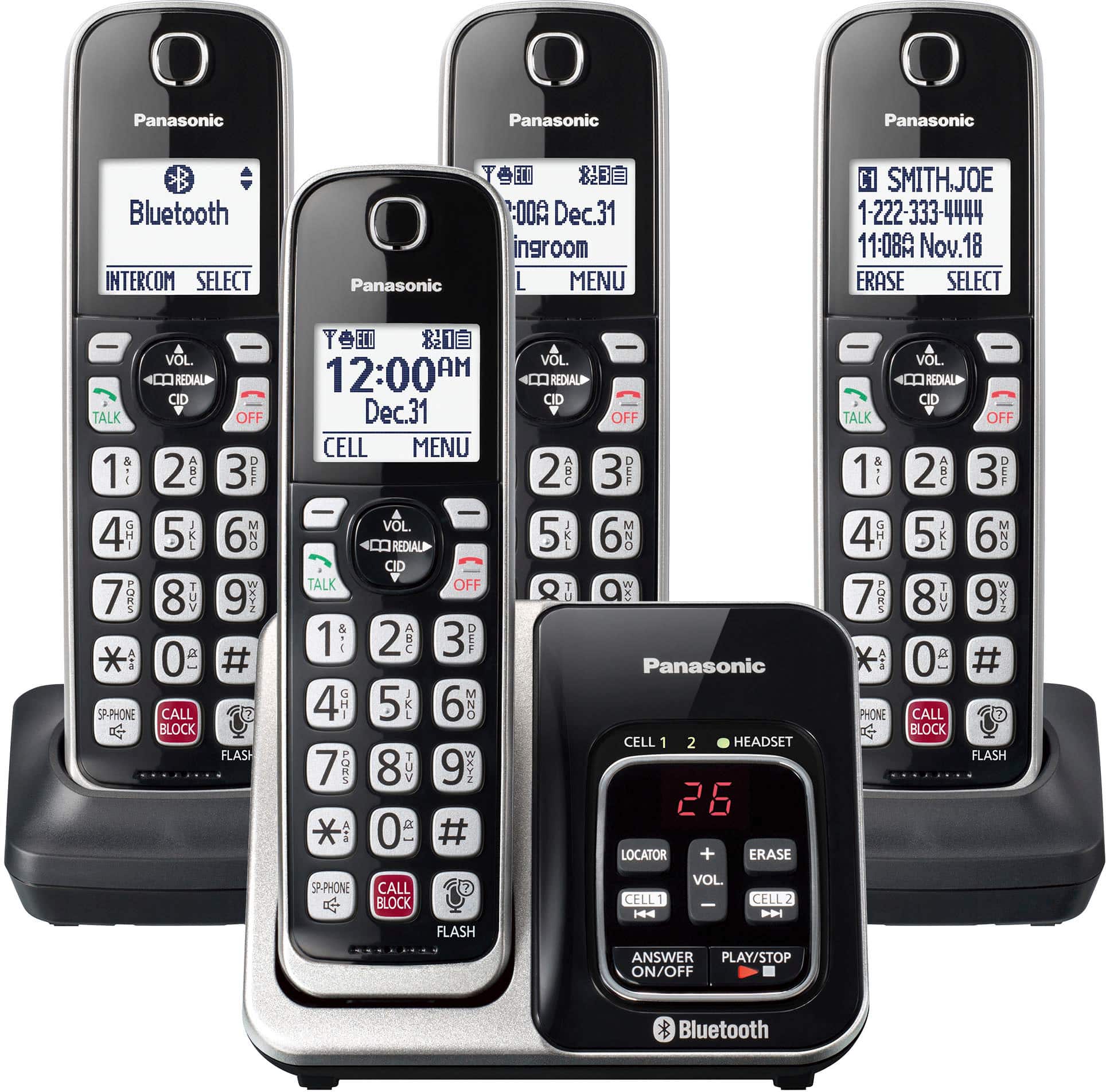 Panasonic - KX-TGD864S Link2Cell DECT 6.0 Expandable Cordless Phone System with Digital Answering System - Black with Silver…