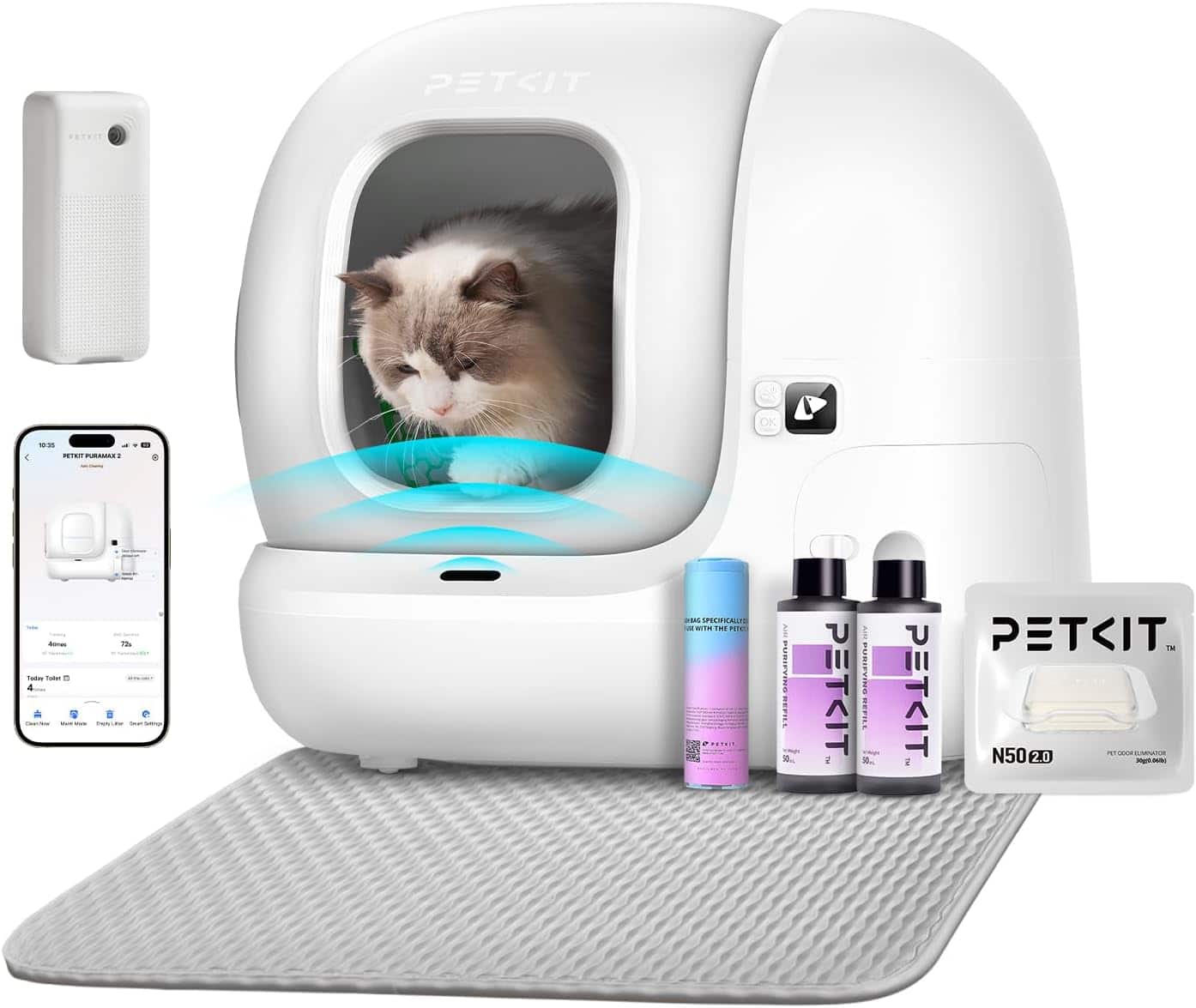 Petkit - PuraMax 2 Upgraded self-Cleaning Wifi Enabled Automatic Cat Litter Box for Multiple Cats with Litter Mat - White pr…