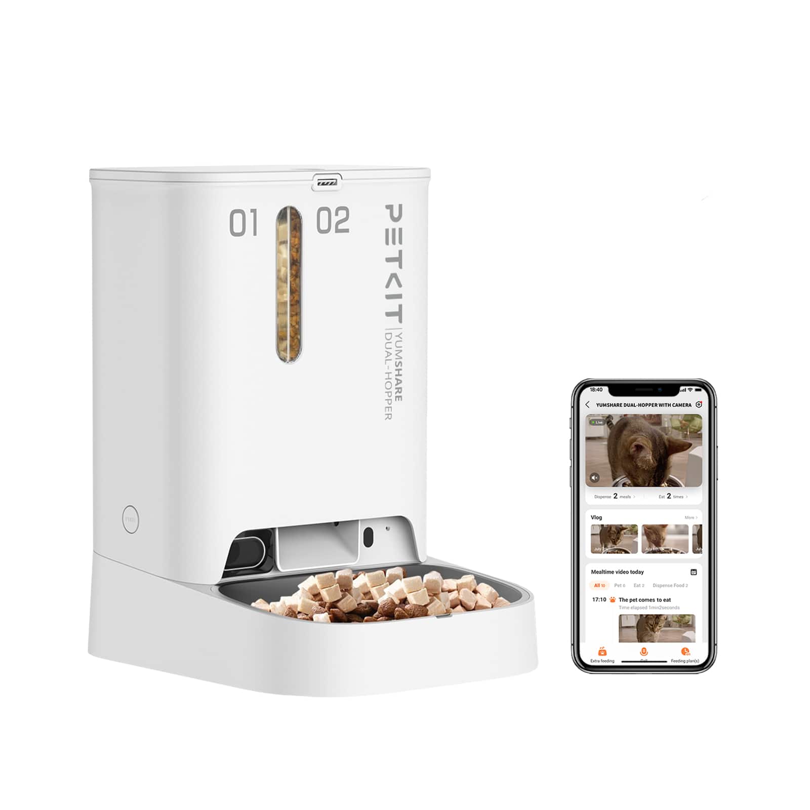 Petkit - Yumshare Dual-Hopper Wifi Enabled 5L Automatic Cat Feeder with Camera, 2-Way Audio and Smart App Control - White pr…