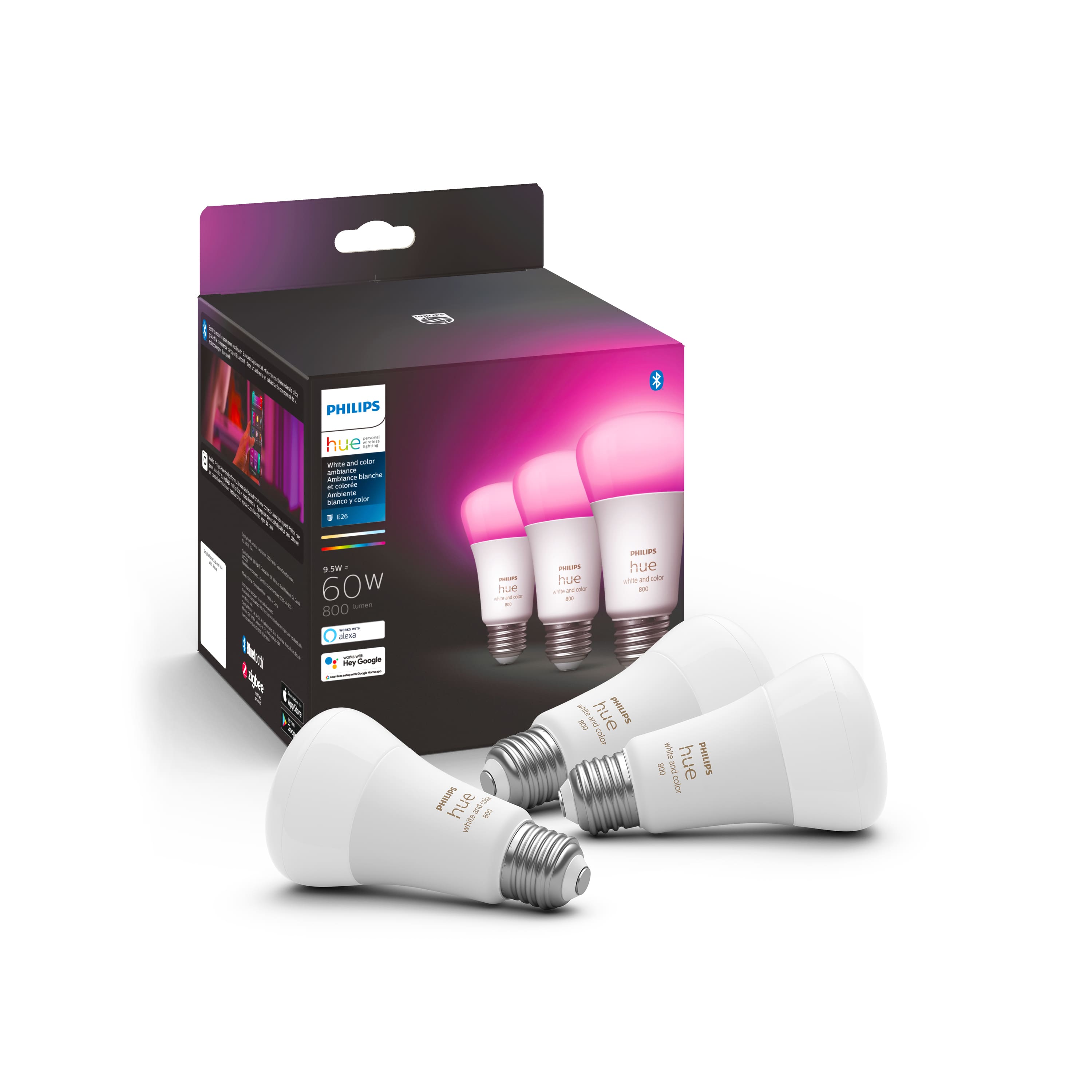Philips - Hue A19 Bluetooth 60W Smart LED Bulb (3-Pack) - White and Color Ambiance product image