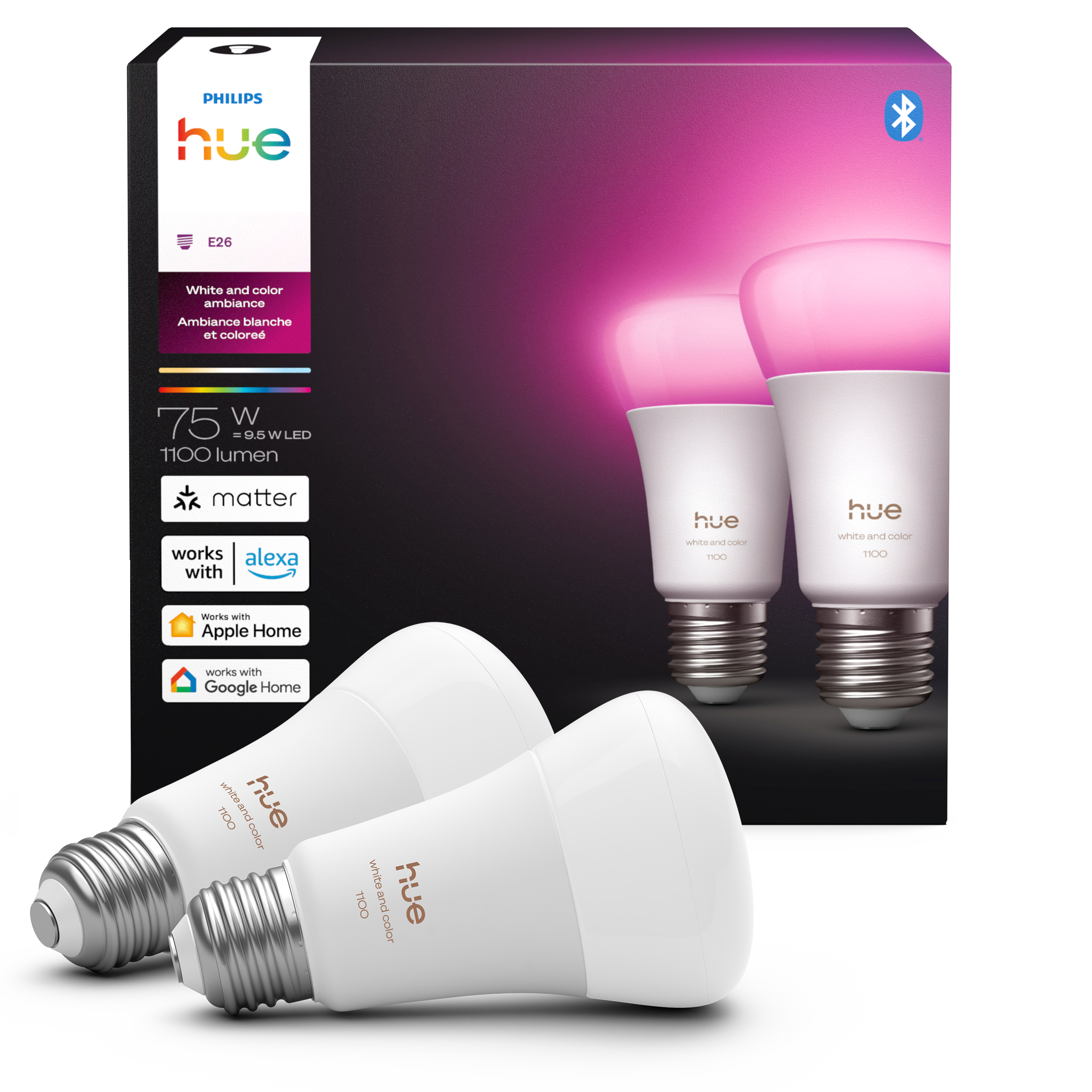 Philips - Hue A19 Bluetooth 75W Smart LED Bulb (2-Pack) - White and Color Ambiance product image