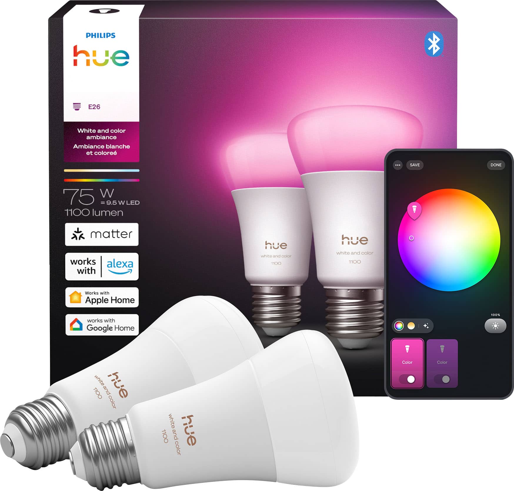 Philips - Hue Smart A19 E26 Bulb, 2pk - White and Color Ambiance product image