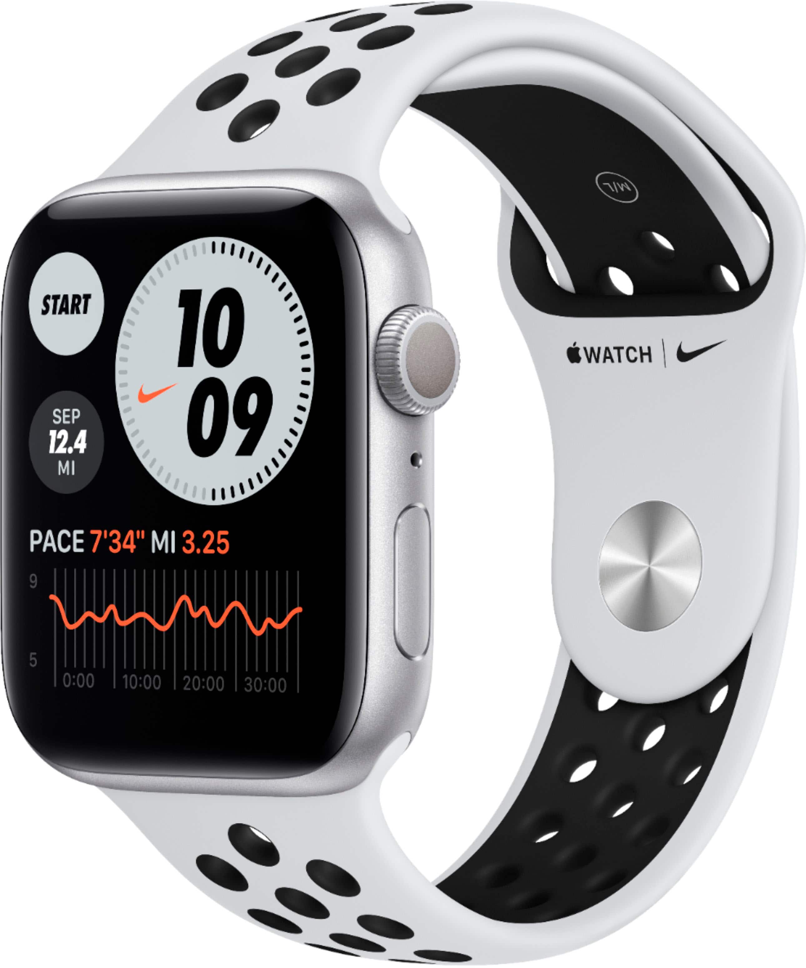Refurbished Apple Watch Nike Series 6 (GPS) 44mm Silver Aluminum Case with Pure Platinum/Black Nike Sport Band - Silver - (2…